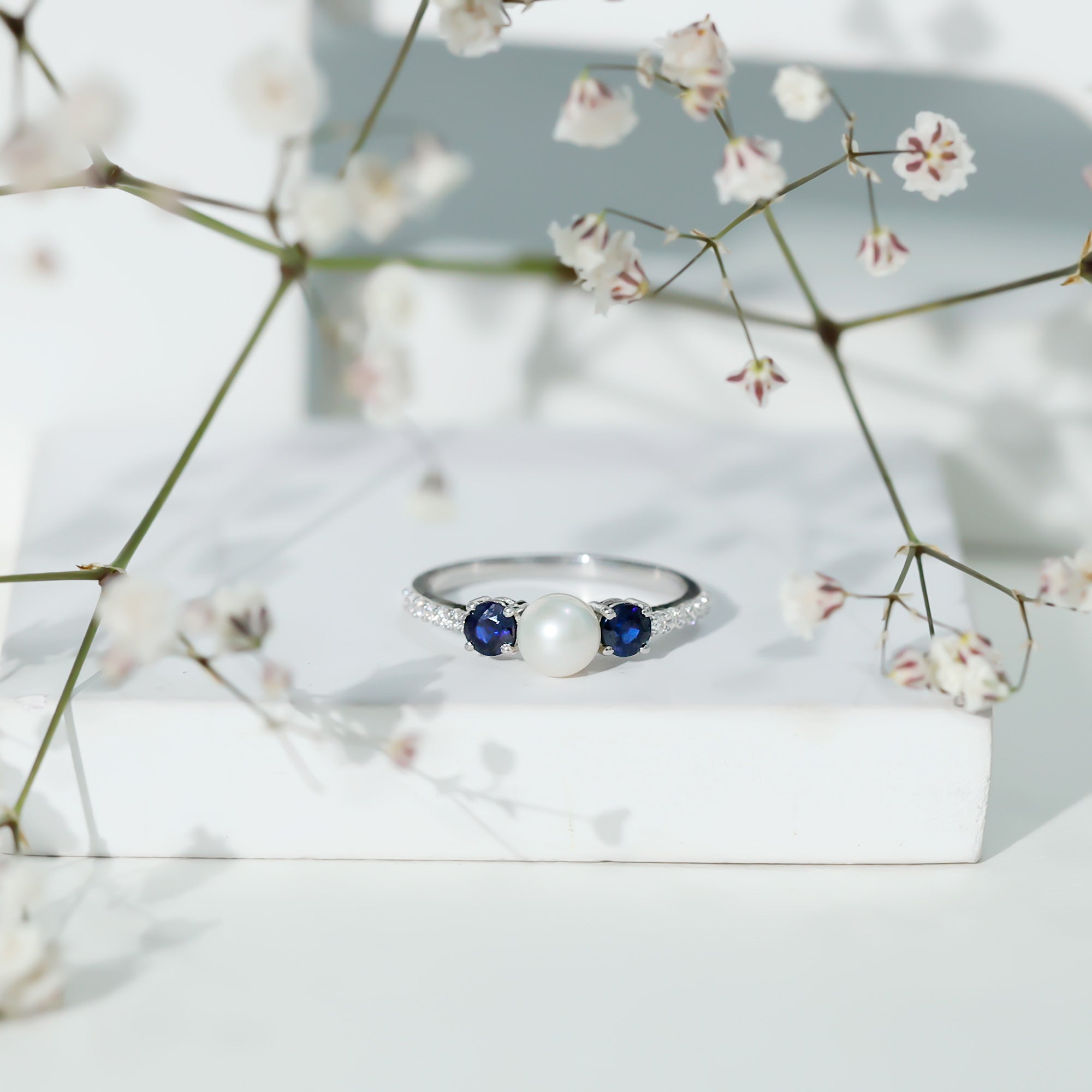 Pure Freshwater Pearl and Blue Sapphire Engagement Ring with Moissanite