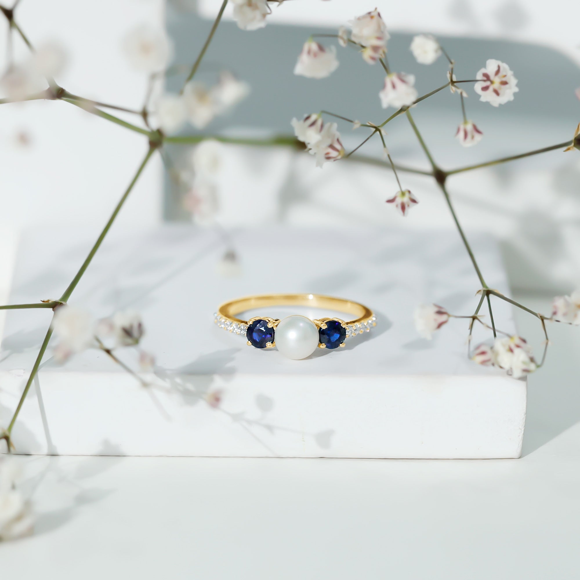Pure Freshwater Pearl and Blue Sapphire Engagement Ring with Moissanite