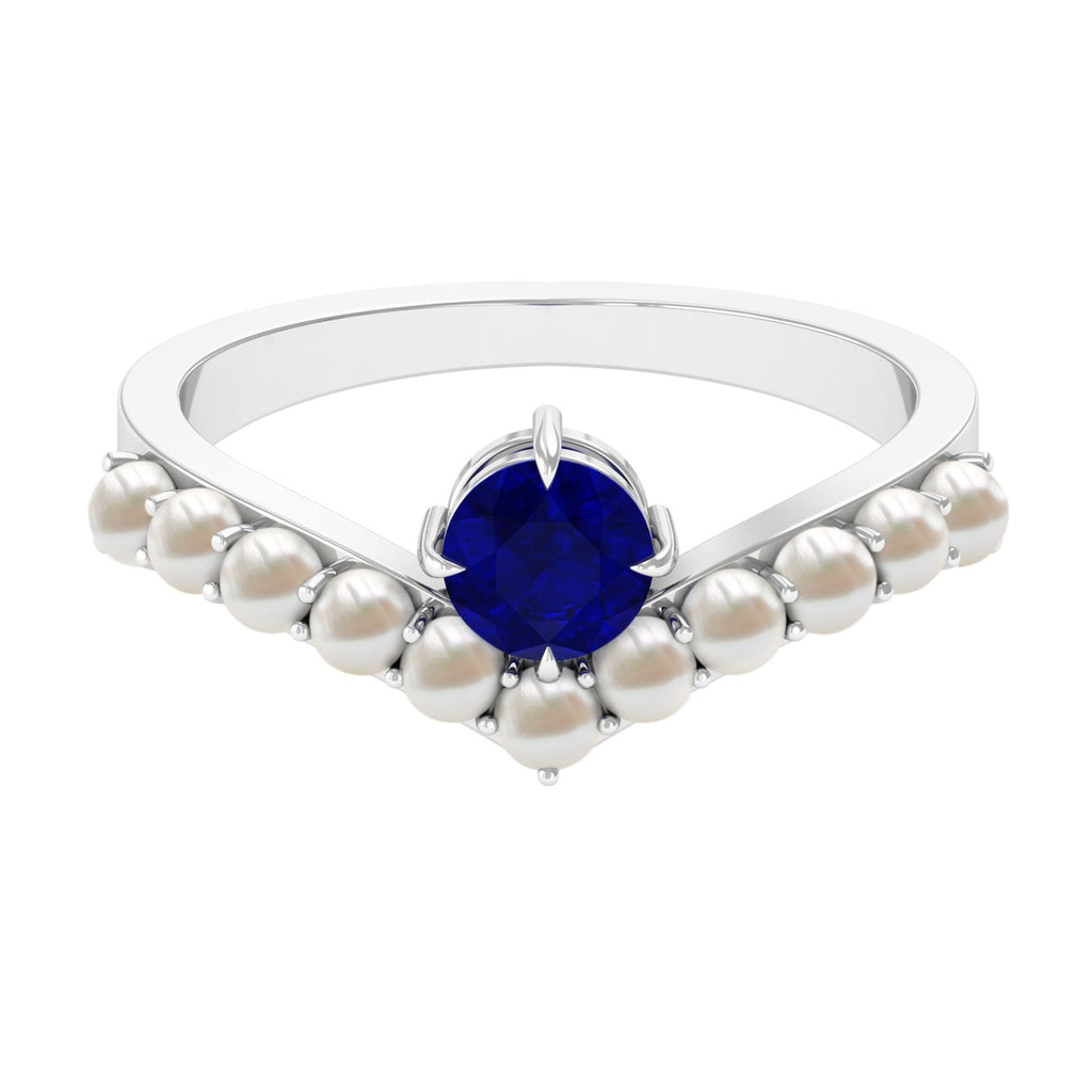 2 CT Solitaire Blue Sapphire and Freshwater Pearl Chevron Ring