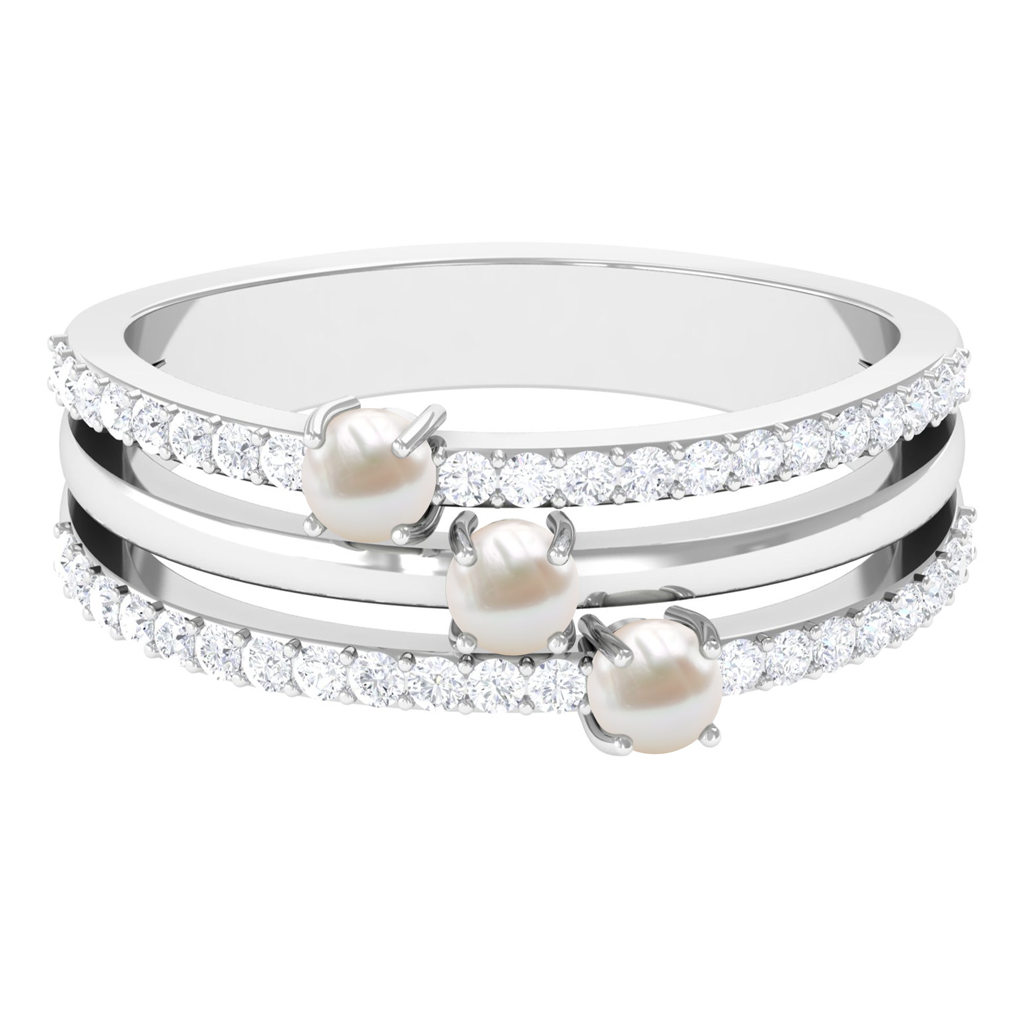 1 CT Freshwater Pearl and Diamond Three Row Band Ring