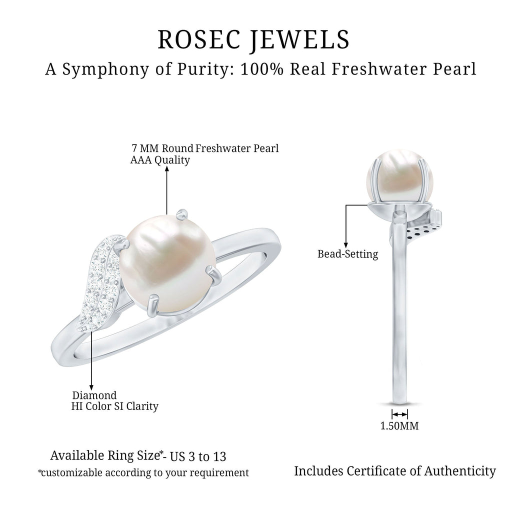Classic Freshwater Pearl Solitaire Ring with Diamond Leaf