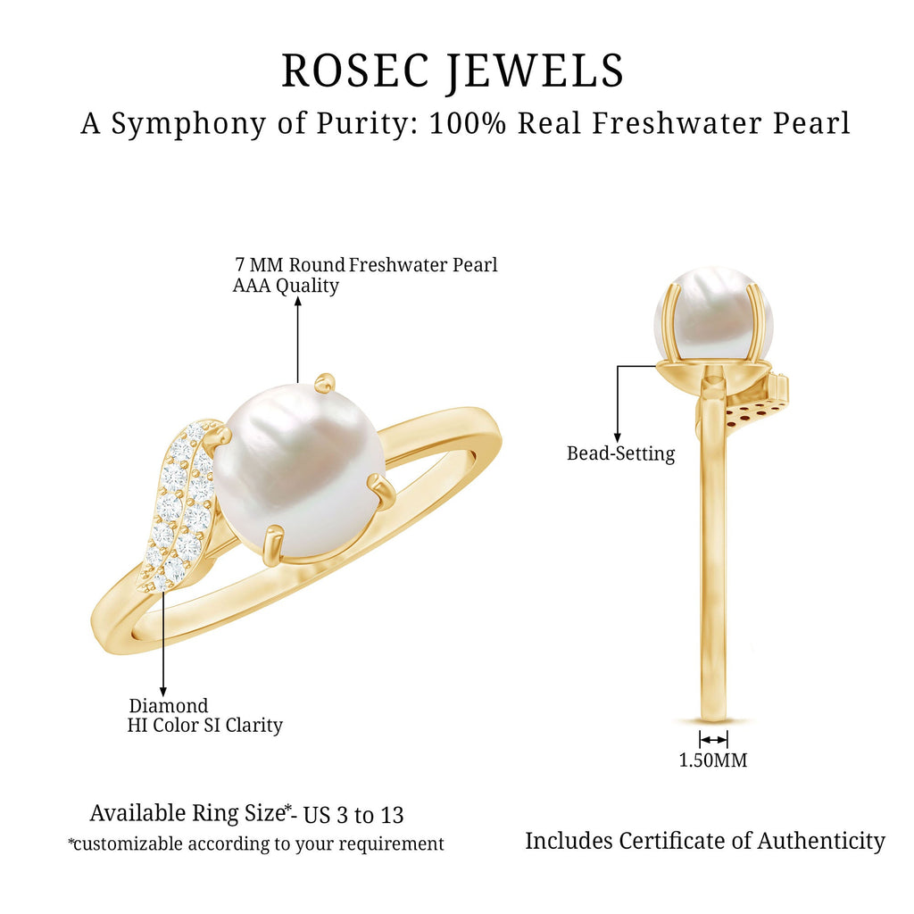 Classic Freshwater Pearl Solitaire Ring with Diamond Leaf