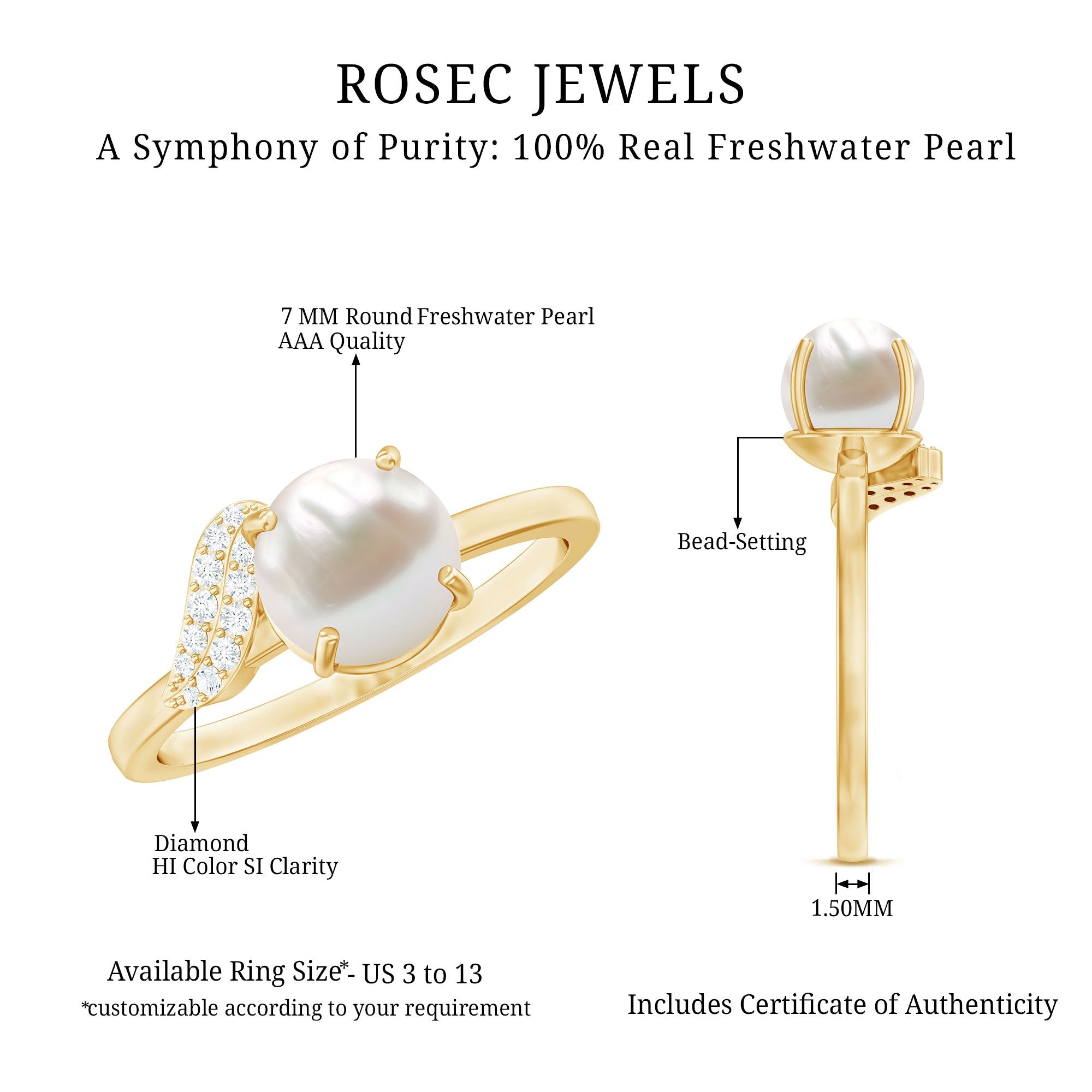 Classic Freshwater Pearl Solitaire Ring with Diamond Leaf