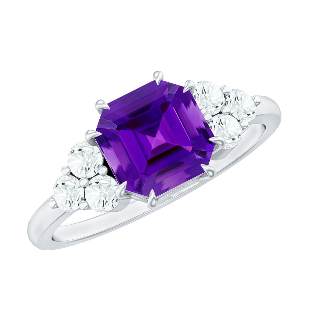 Asscher Solitaire Amethyst Engagement Ring with Diamond Trio