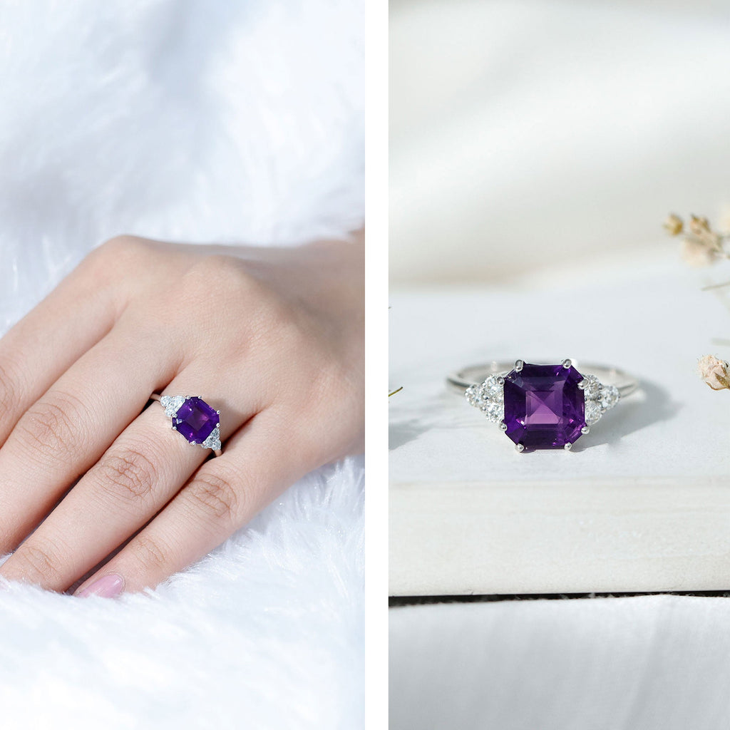 Asscher Solitaire Amethyst Engagement Ring with Diamond Trio