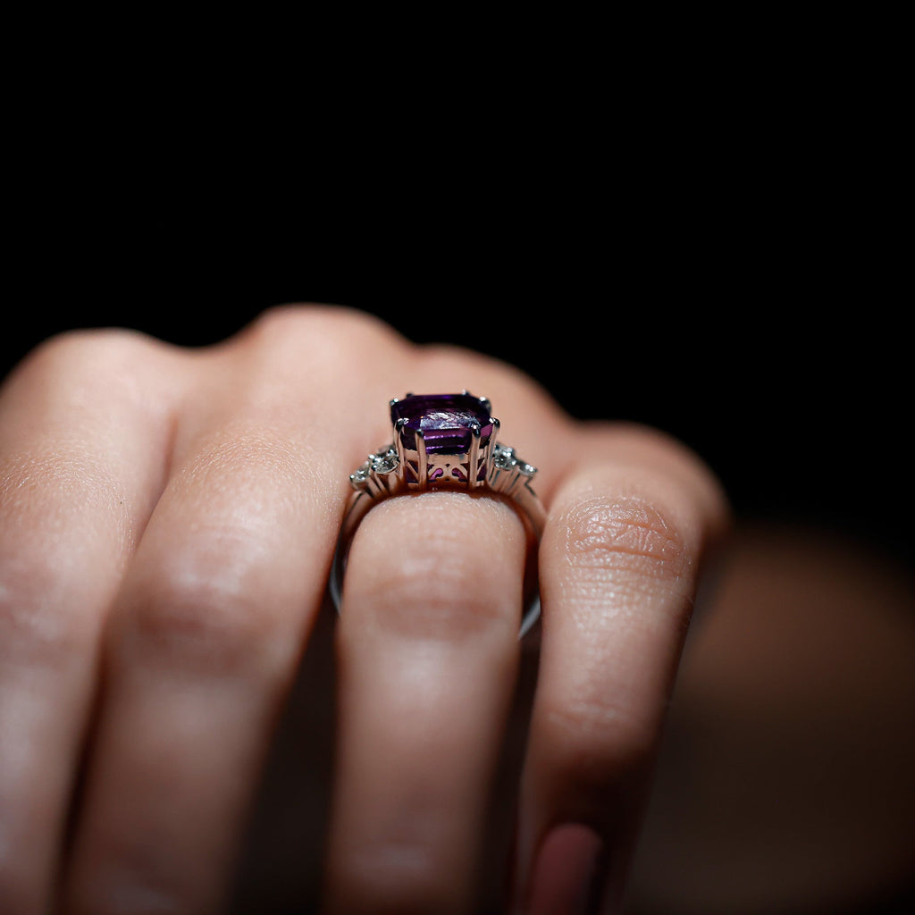 Asscher Solitaire Amethyst Engagement Ring with Diamond Trio