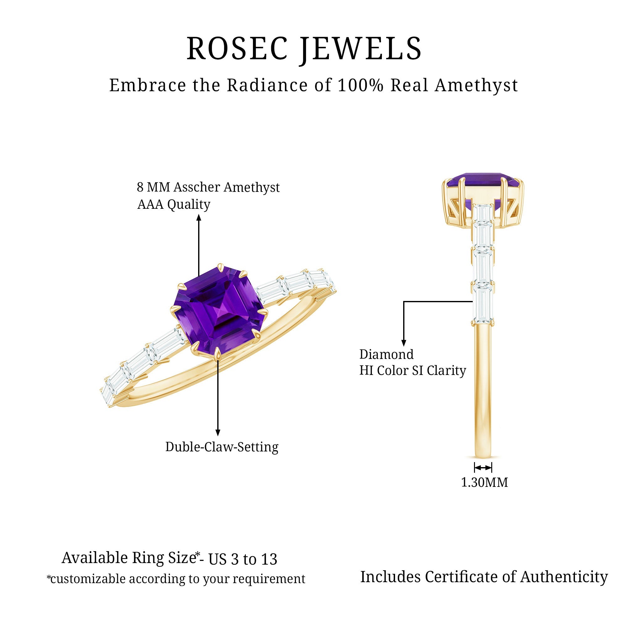 Asscher Amethyst Solitaire Engagement Ring with Diamond
