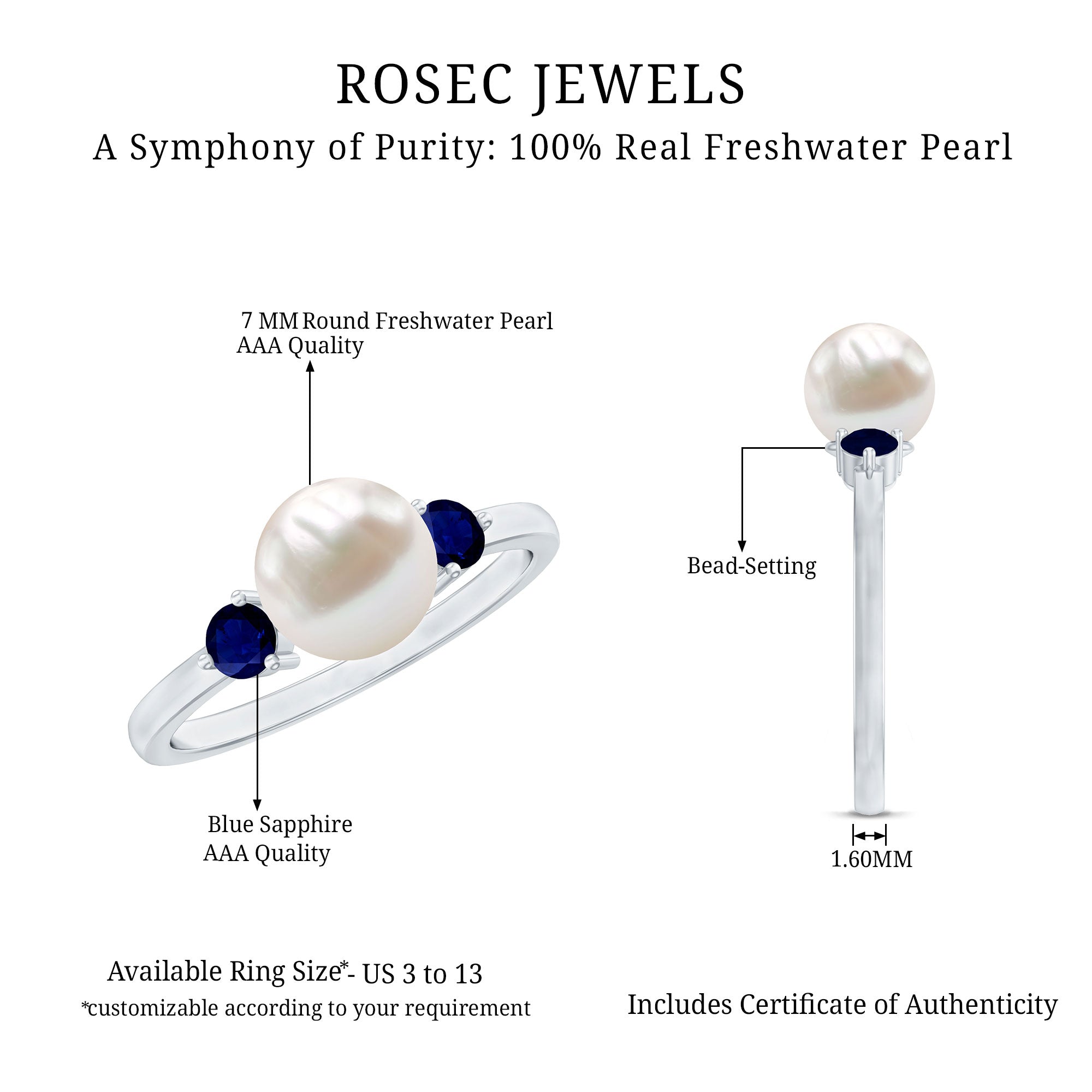 Freshwater Pearl Solitaire Engagement Ring with Blue Sapphire