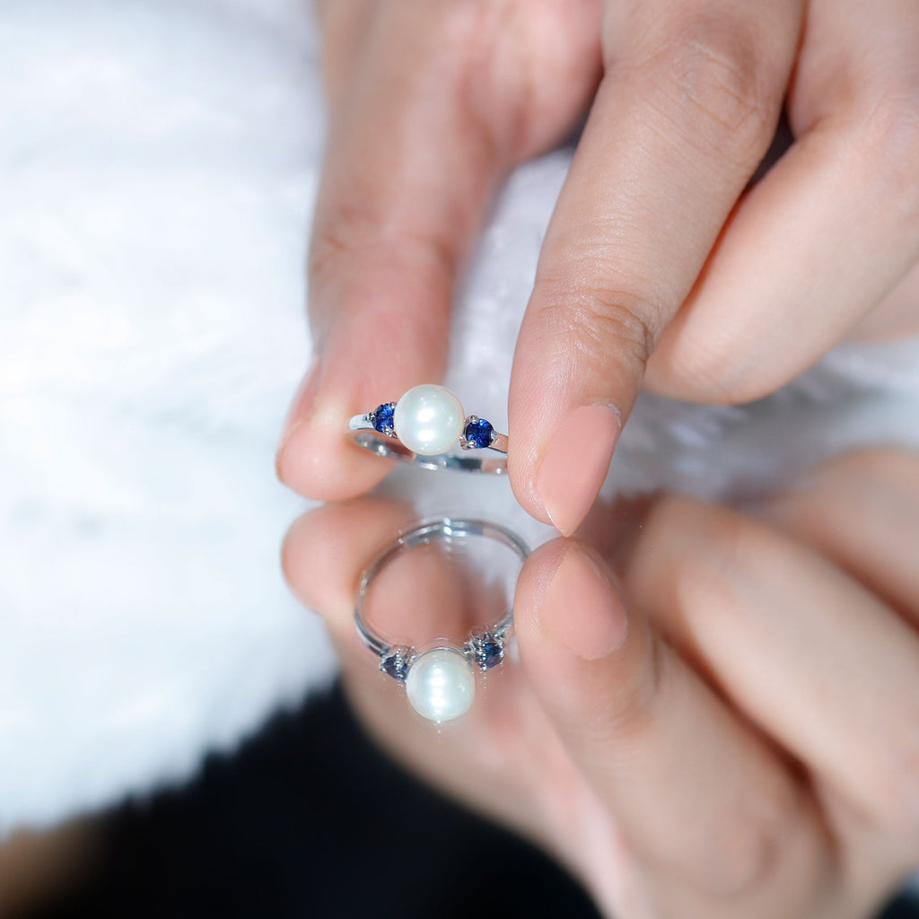 Freshwater Pearl Solitaire Engagement Ring with Blue Sapphire