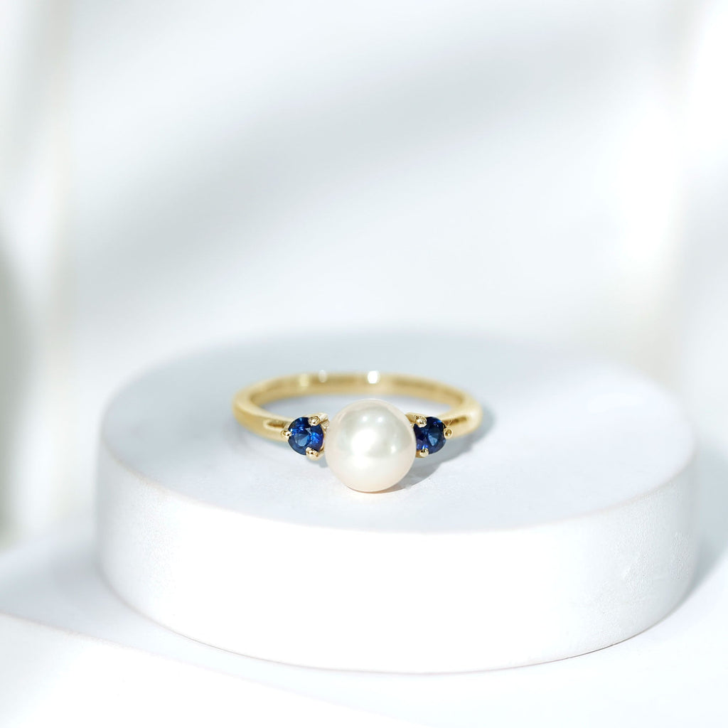Freshwater Pearl Solitaire Engagement Ring with Blue Sapphire