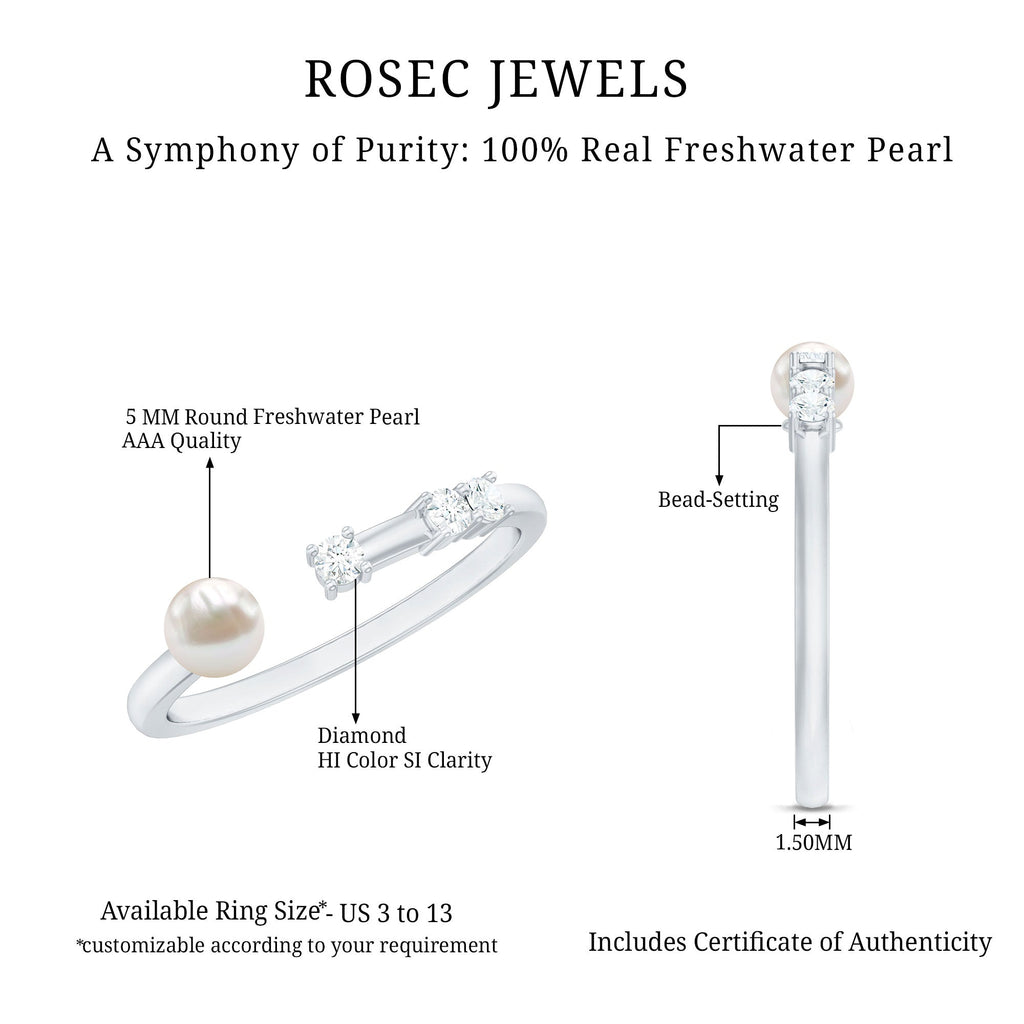 3/4 CT Minimal Style Freshwater Pearl and Diamond Cuff Ring