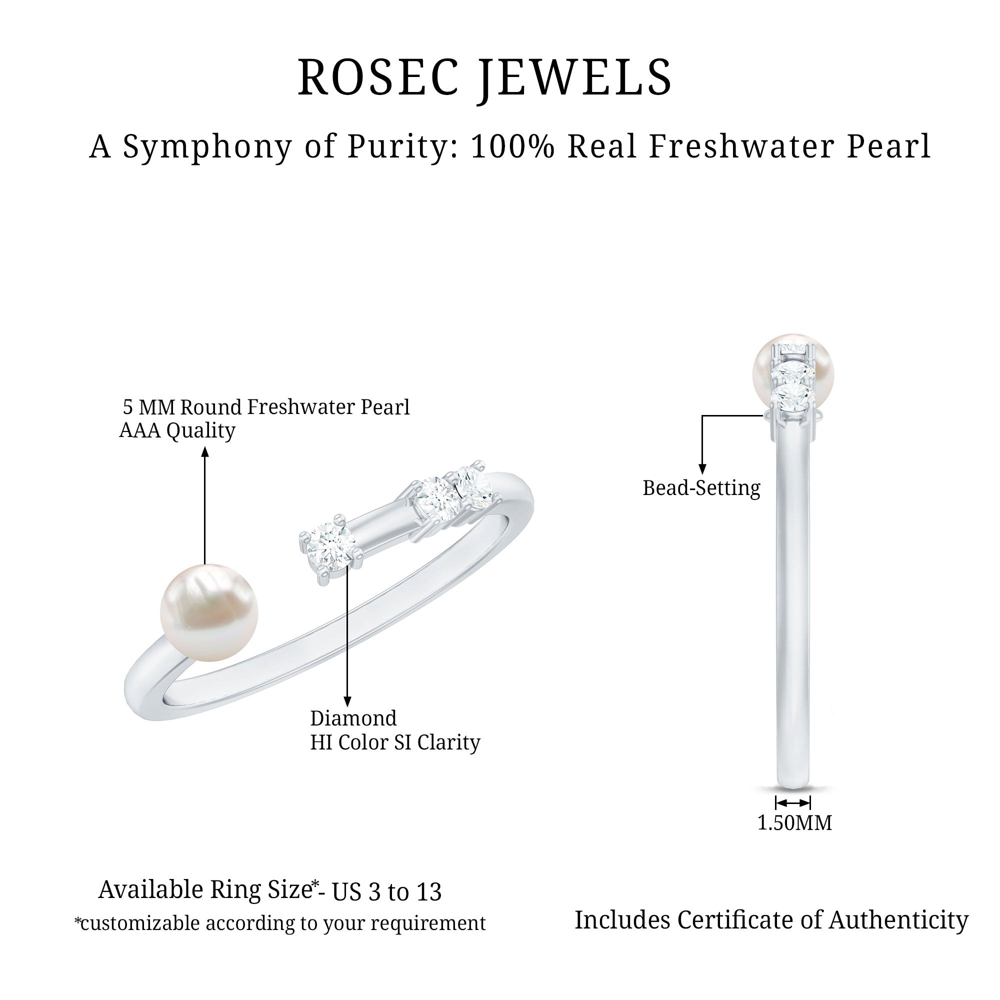 3/4 CT Minimal Style Freshwater Pearl and Diamond Cuff Ring