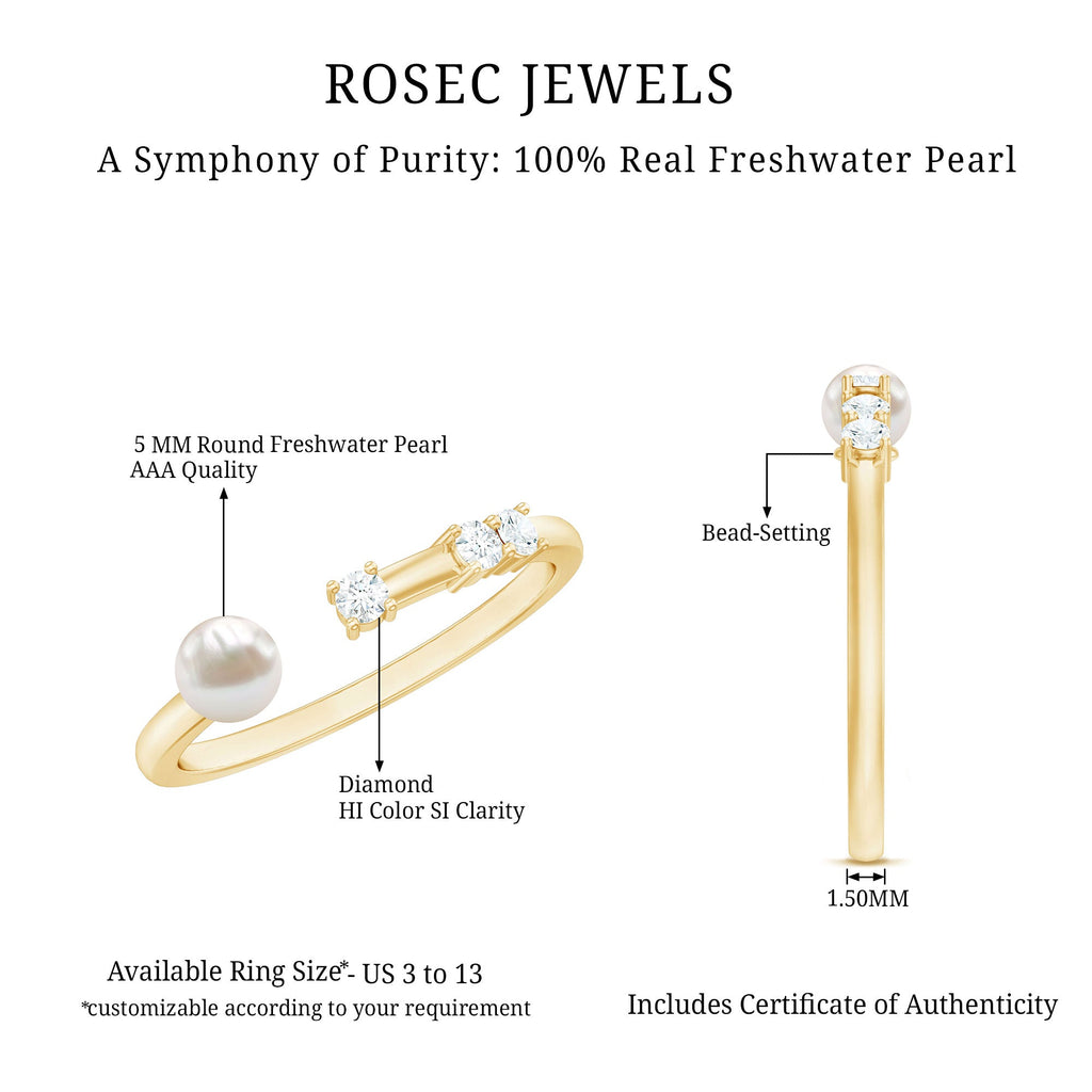 3/4 CT Minimal Style Freshwater Pearl and Diamond Cuff Ring
