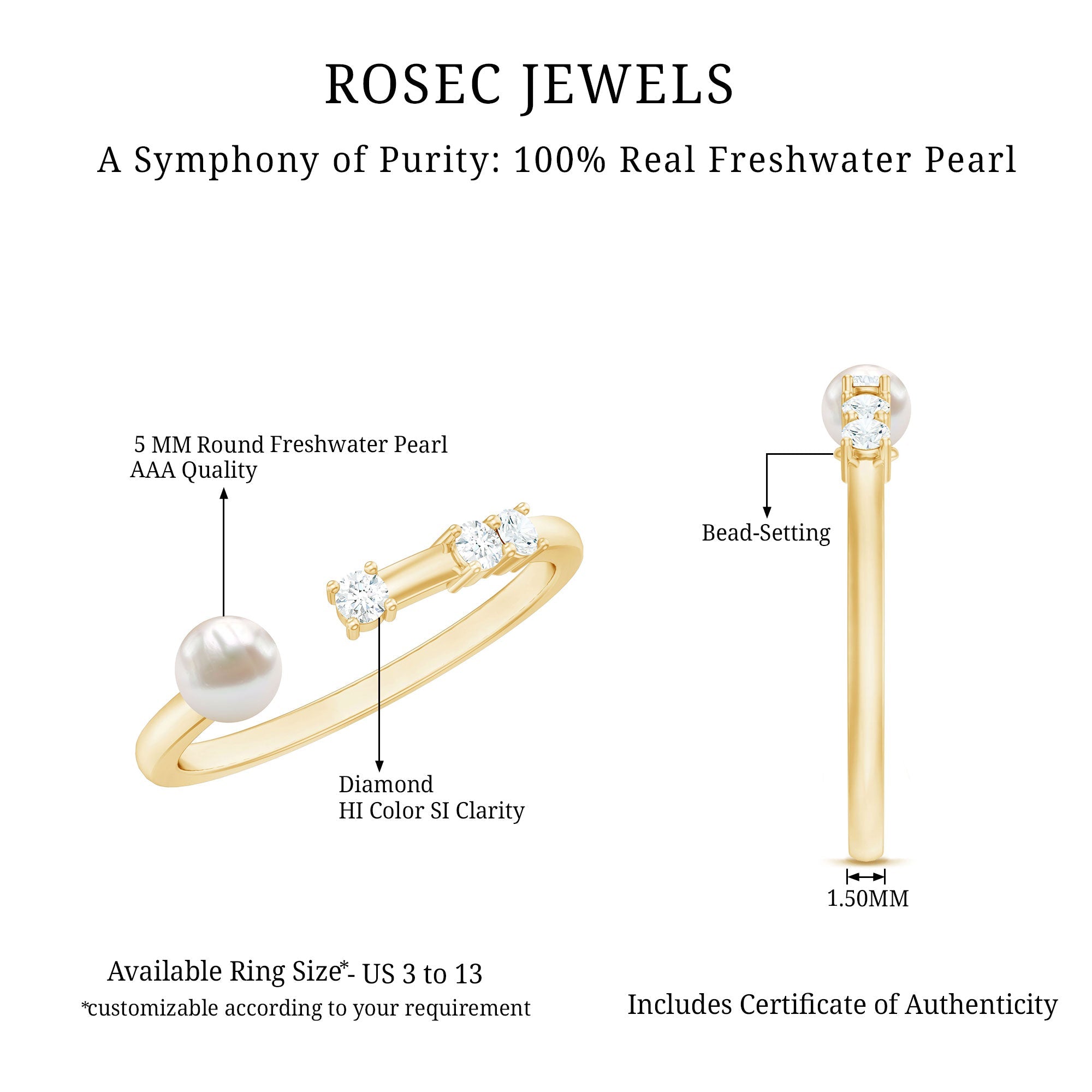 3/4 CT Minimal Style Freshwater Pearl and Diamond Cuff Ring