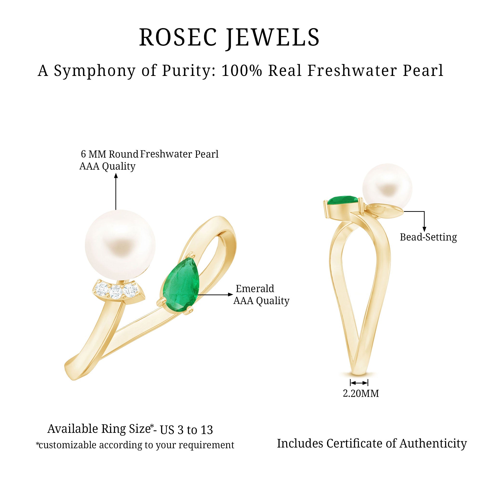 Cultured Freshwater Pearl Emerald Toi Et Moi Promise Ring