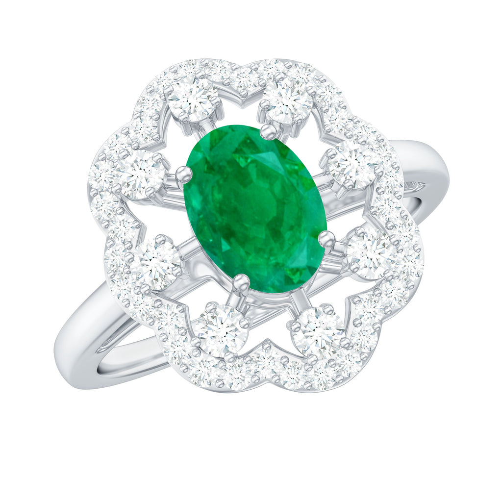 Vintage Looking Oval Emerald Designer Engagement Ring with Moissanite