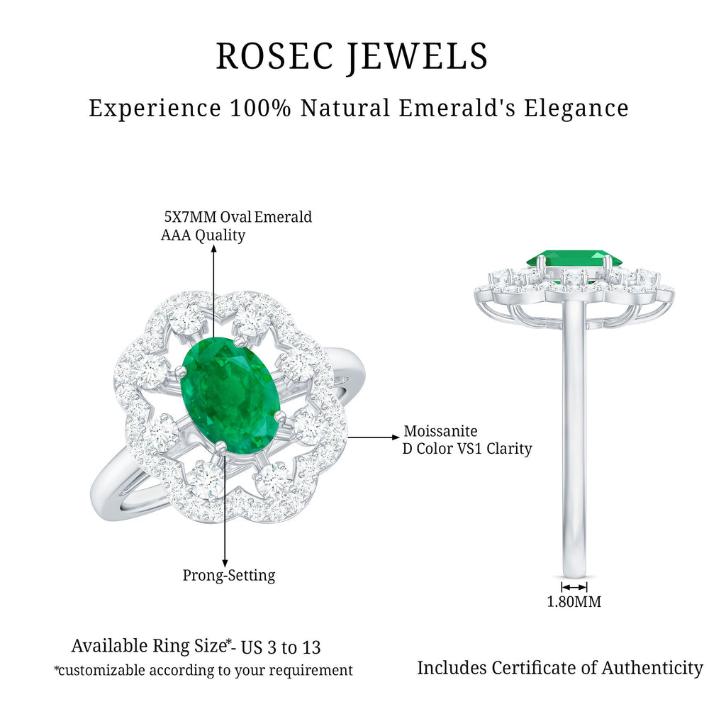 Vintage Looking Oval Emerald Designer Engagement Ring with Moissanite