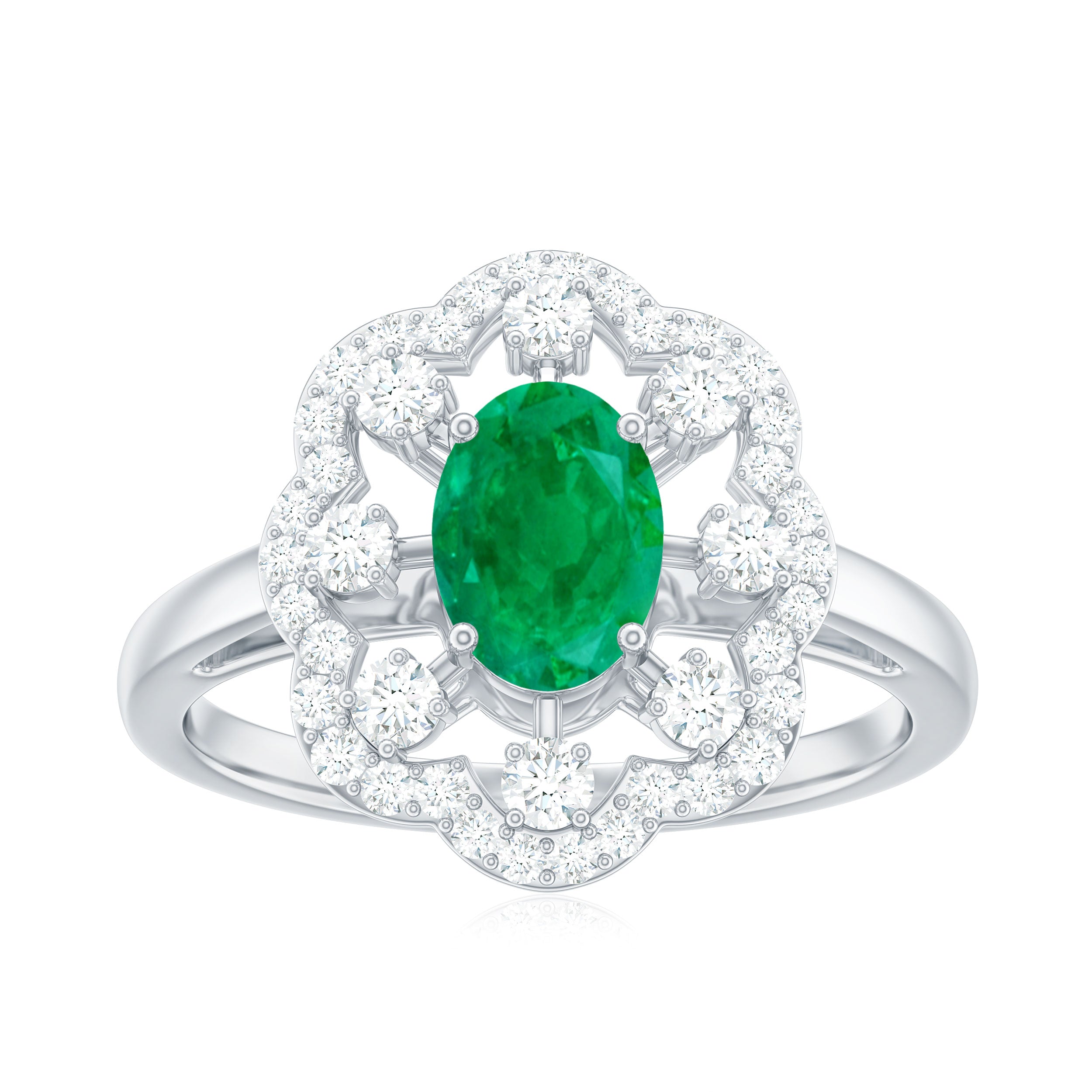 Vintage Looking Oval Emerald Designer Engagement Ring with Moissanite