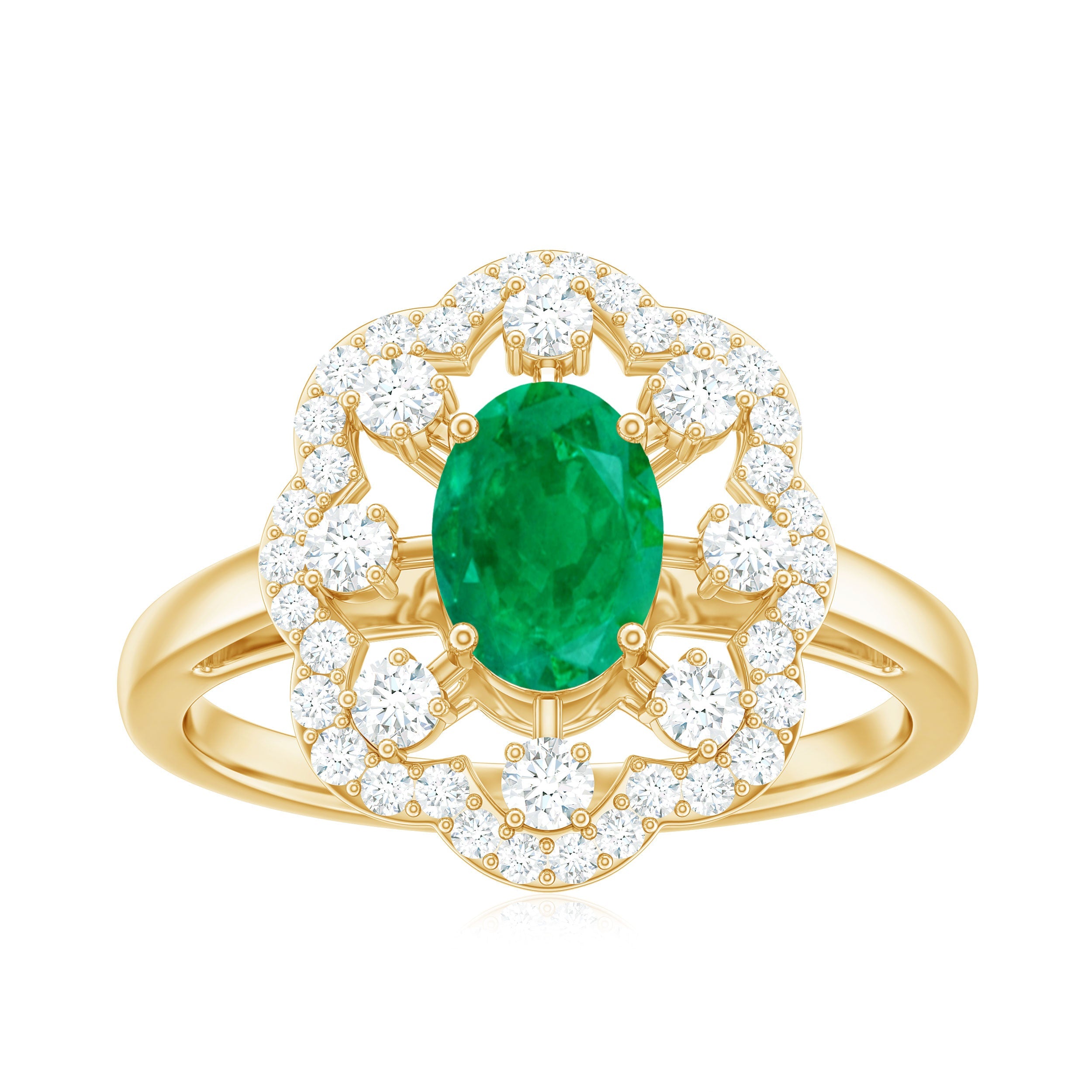 Vintage Looking Oval Emerald Designer Engagement Ring with Moissanite