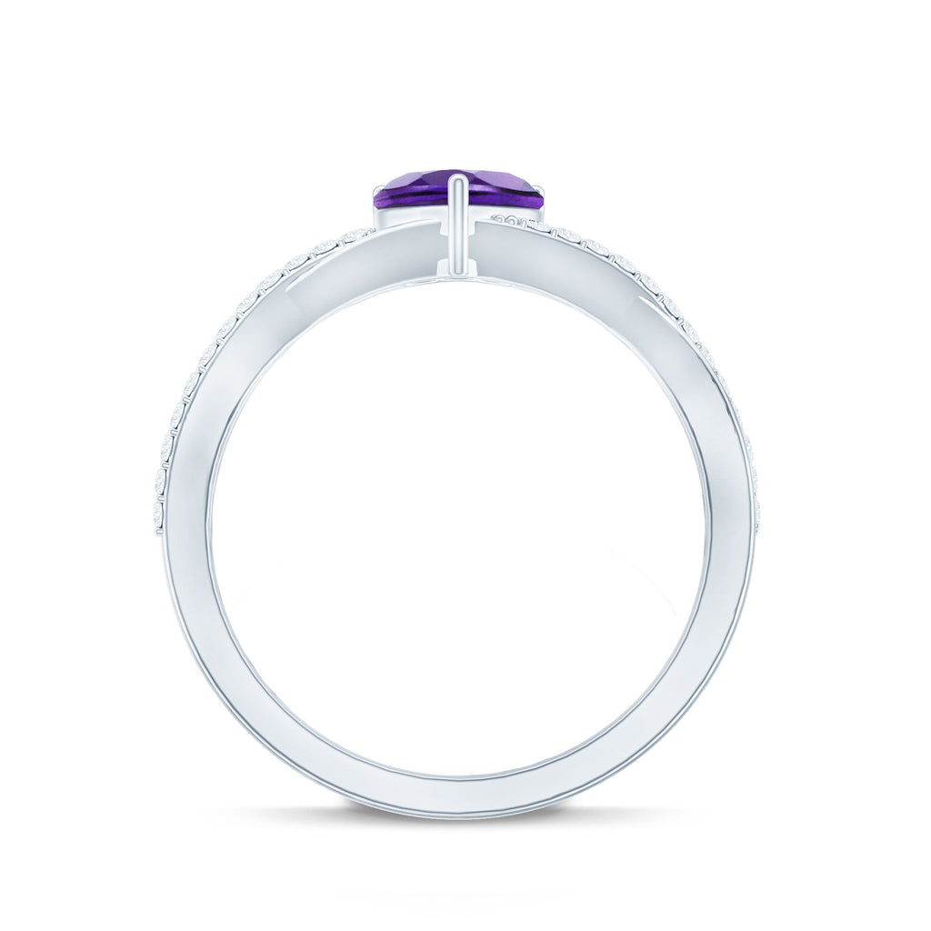 Heart Shape Amethyst Solitaire Crossover Ring with Diamond