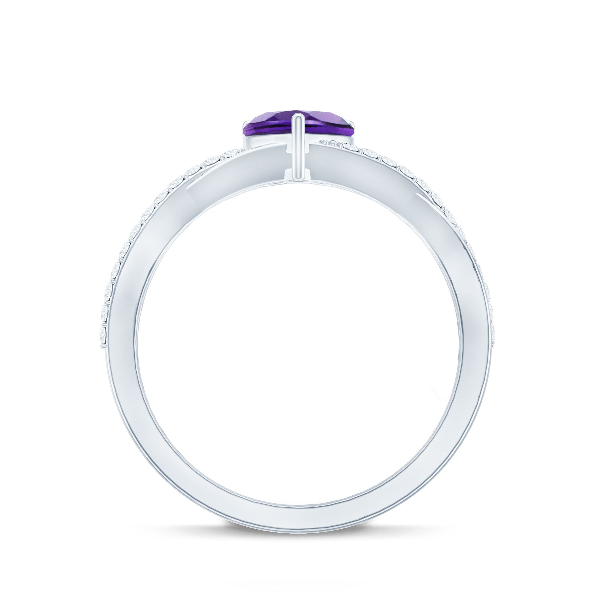 Heart Shape Amethyst Solitaire Crossover Ring with Diamond