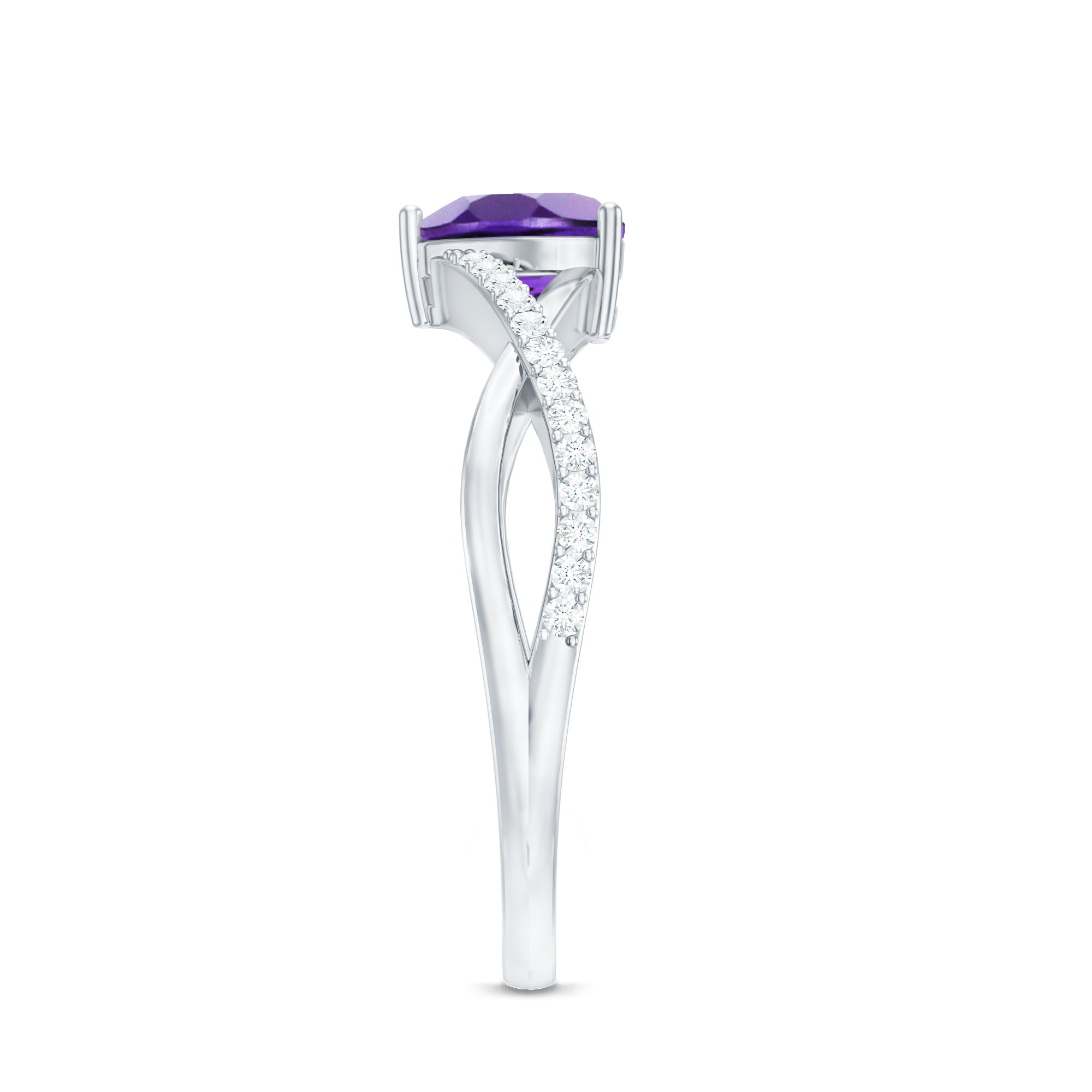 Heart Shape Amethyst Solitaire Crossover Ring with Diamond
