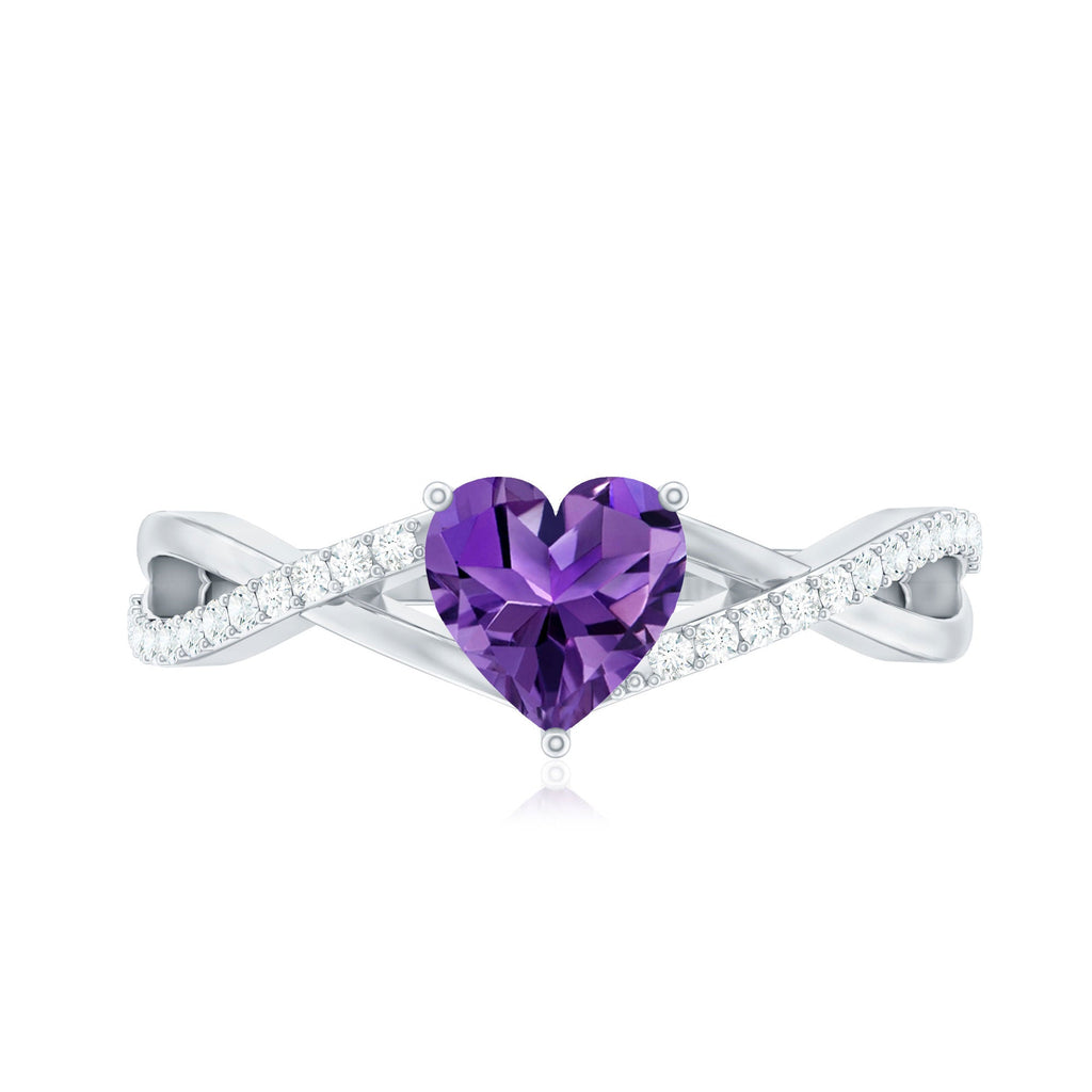 Heart Shape Amethyst Solitaire Crossover Ring with Diamond