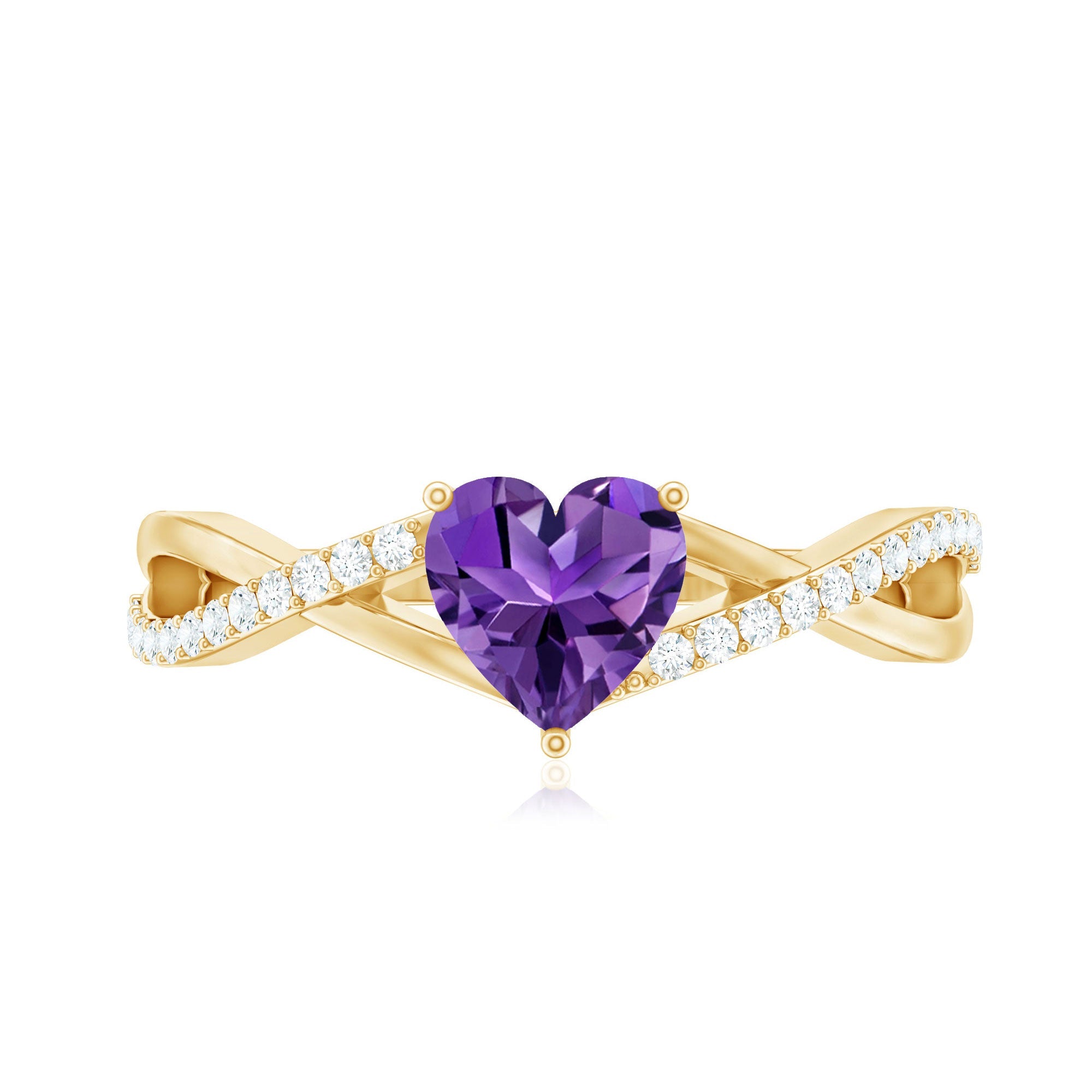 Heart Shape Amethyst Solitaire Crossover Ring with Diamond