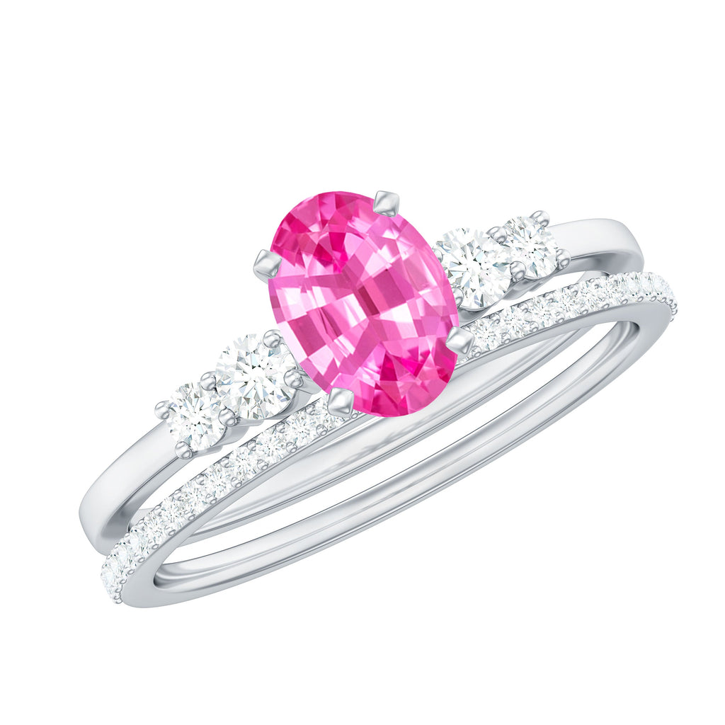 1.50 CT Oval Cut Solitaire Created Pink Sapphire Ring Set with Diamond
