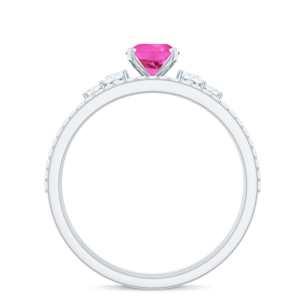 1.50 CT Oval Cut Solitaire Created Pink Sapphire Ring Set with Diamond
