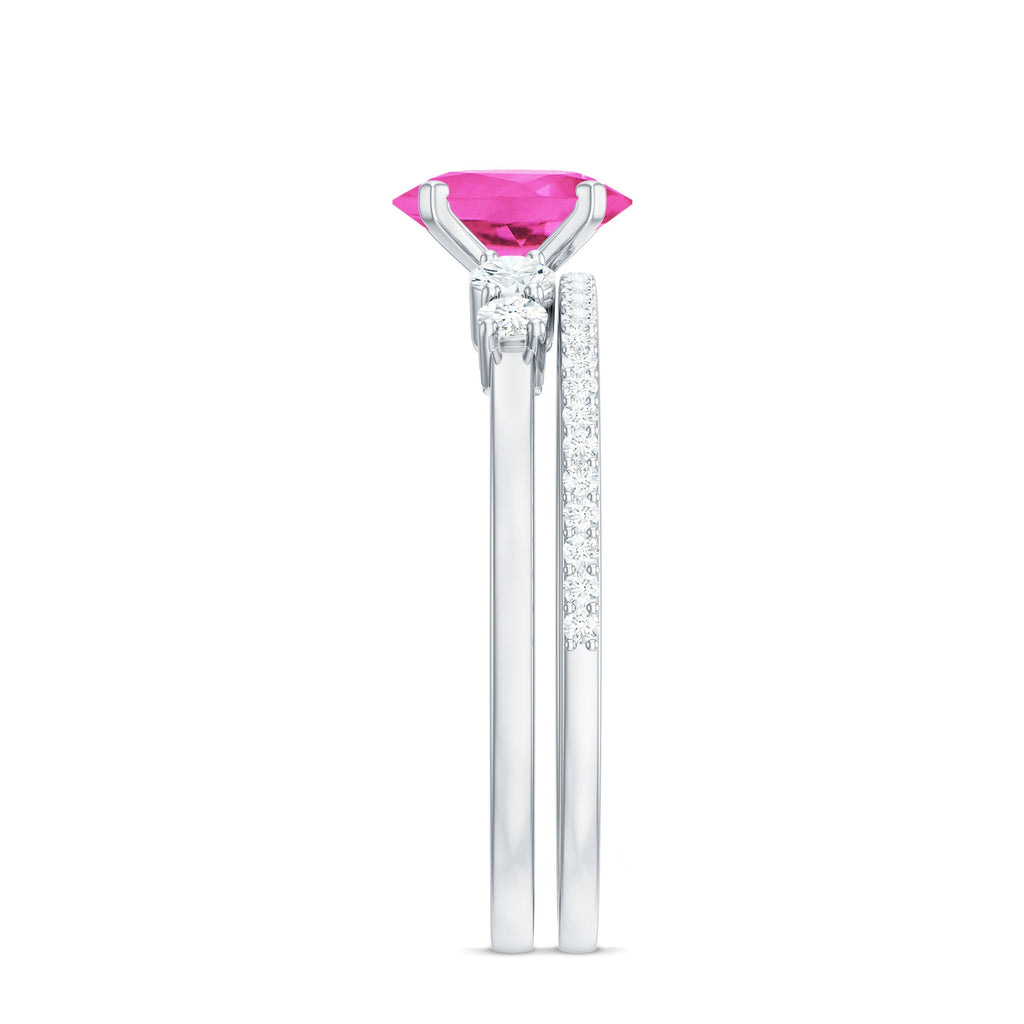 1.50 CT Oval Cut Solitaire Created Pink Sapphire Ring Set with Diamond