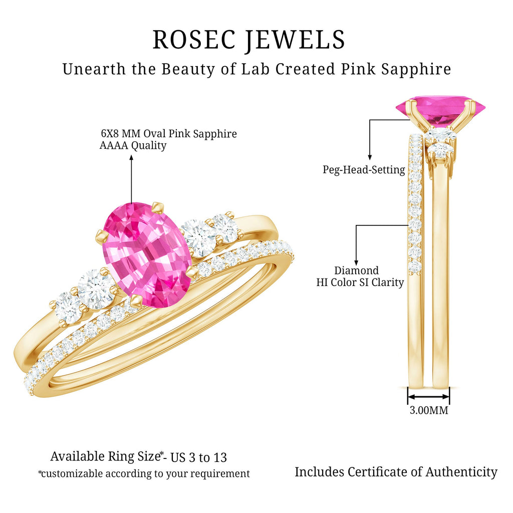 1.50 CT Oval Cut Solitaire Created Pink Sapphire Ring Set with Diamond