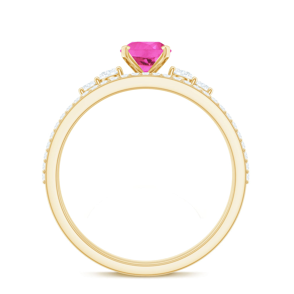 1.50 CT Oval Cut Solitaire Created Pink Sapphire Ring Set with Diamond