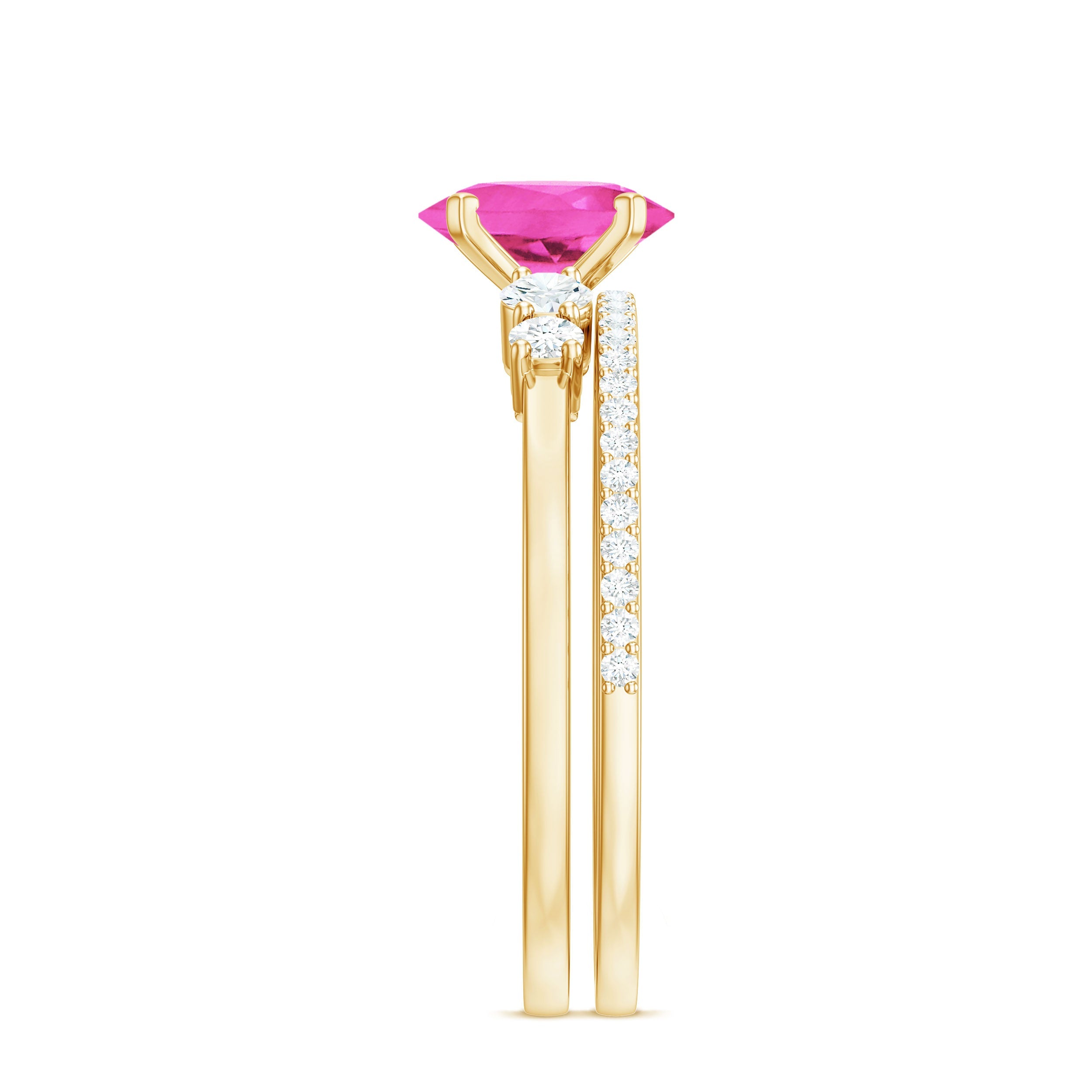 1.50 CT Oval Cut Solitaire Created Pink Sapphire Ring Set with Diamond