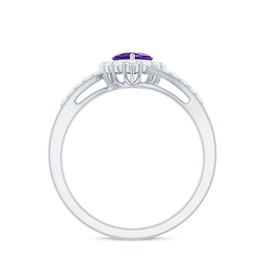 1.5 CT Heart Shape Amethyst Bypass Promise Ring with Diamond Halo