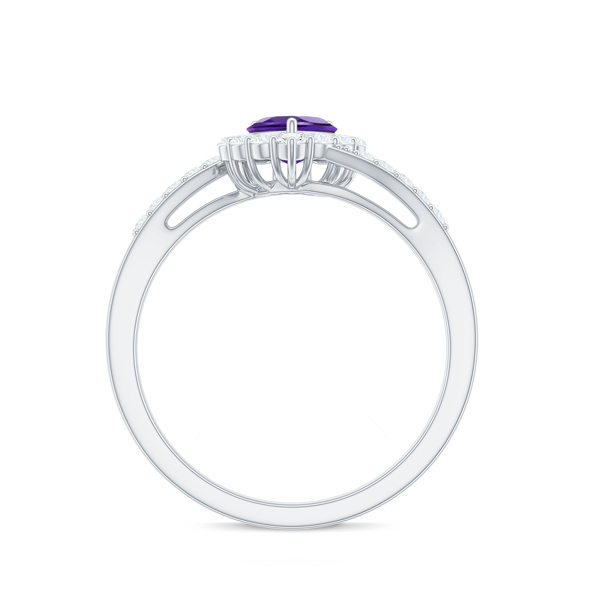 1.5 CT Heart Shape Amethyst Bypass Promise Ring with Diamond Halo