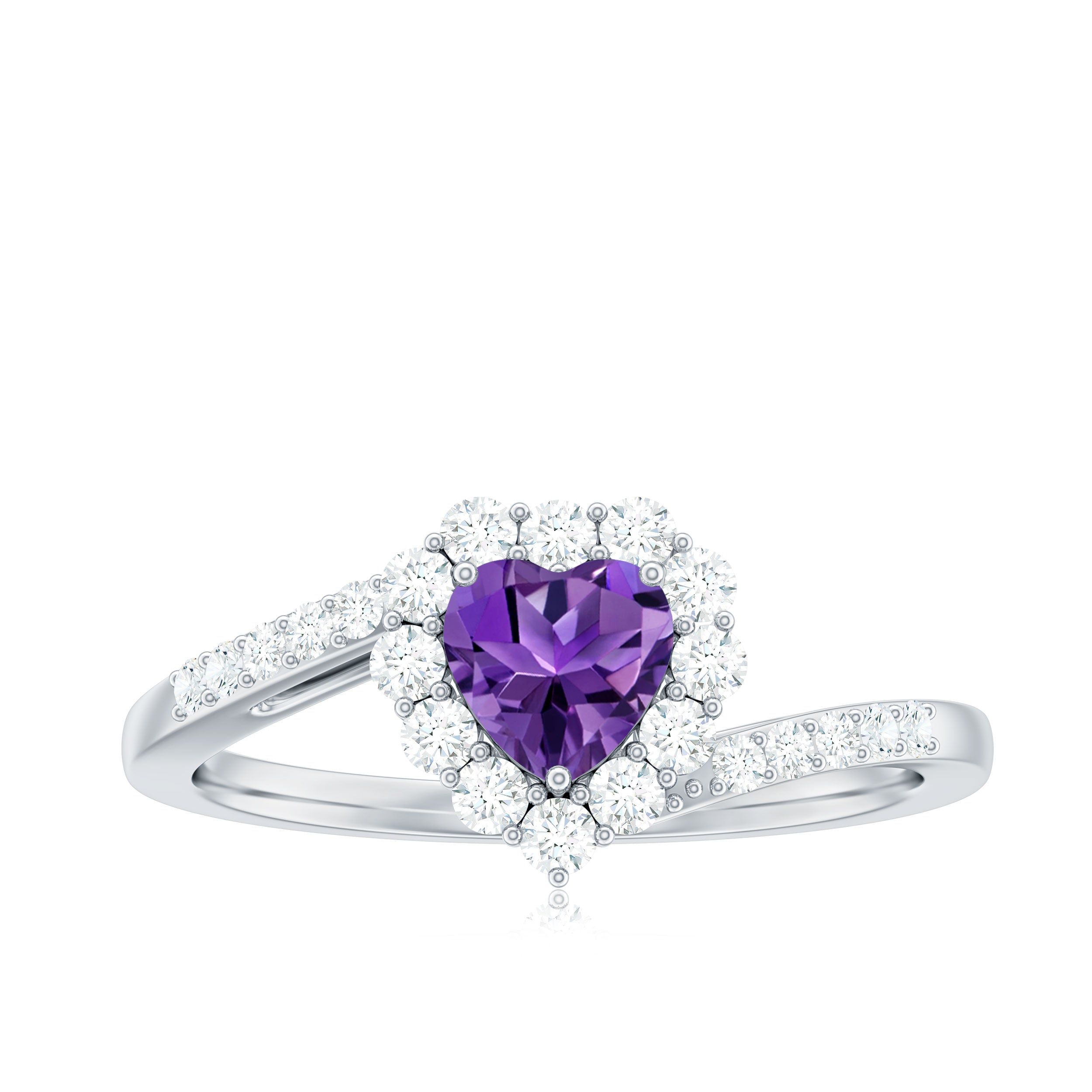 1.5 CT Heart Shape Amethyst Bypass Promise Ring with Diamond Halo