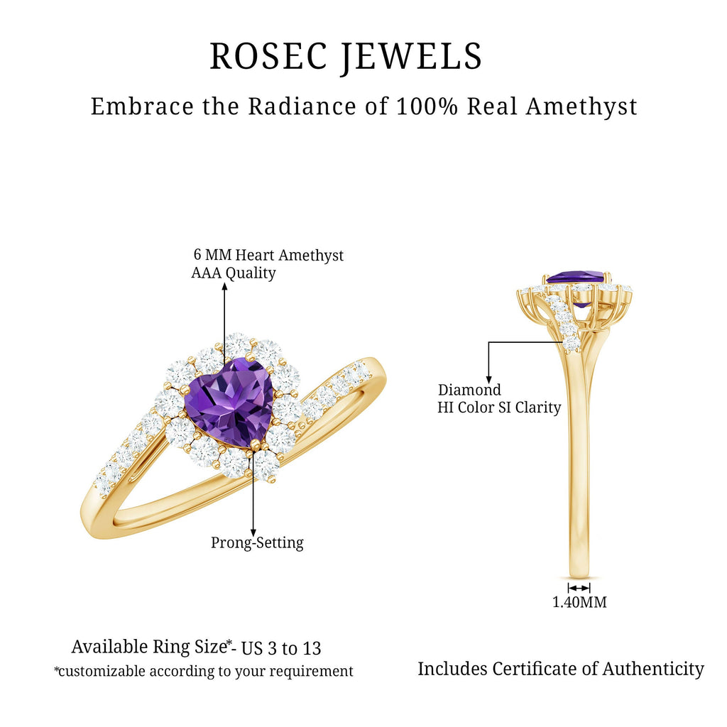 1.5 CT Heart Shape Amethyst Bypass Promise Ring with Diamond Halo