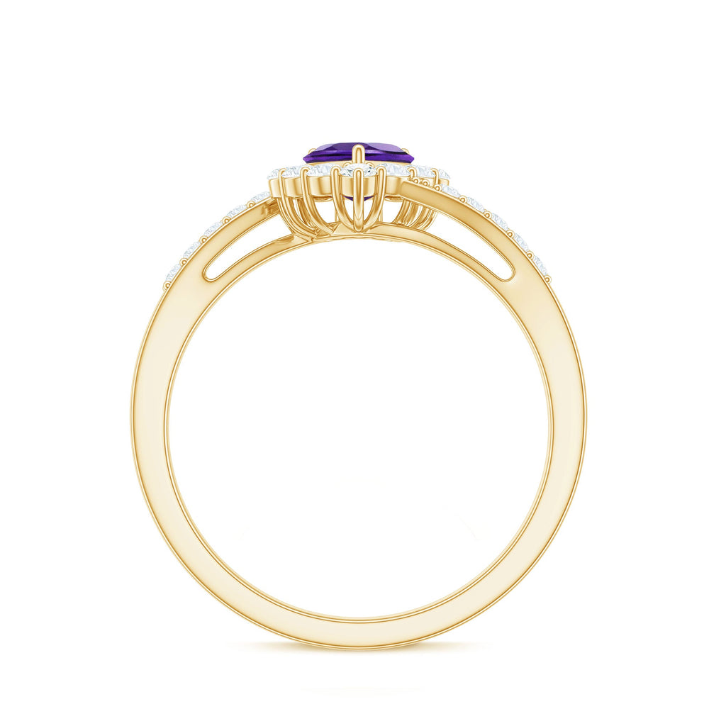 1.5 CT Heart Shape Amethyst Bypass Promise Ring with Diamond Halo