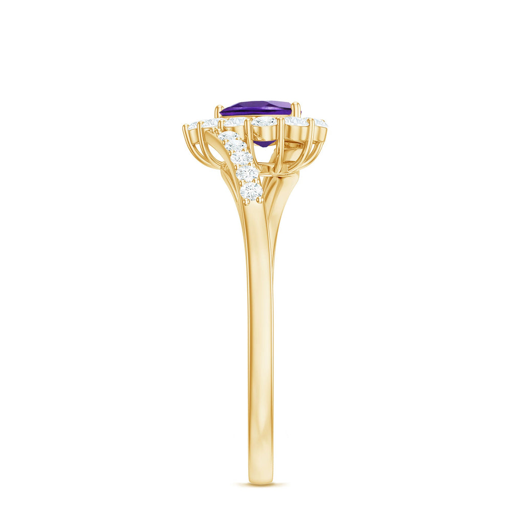 1.5 CT Heart Shape Amethyst Bypass Promise Ring with Diamond Halo