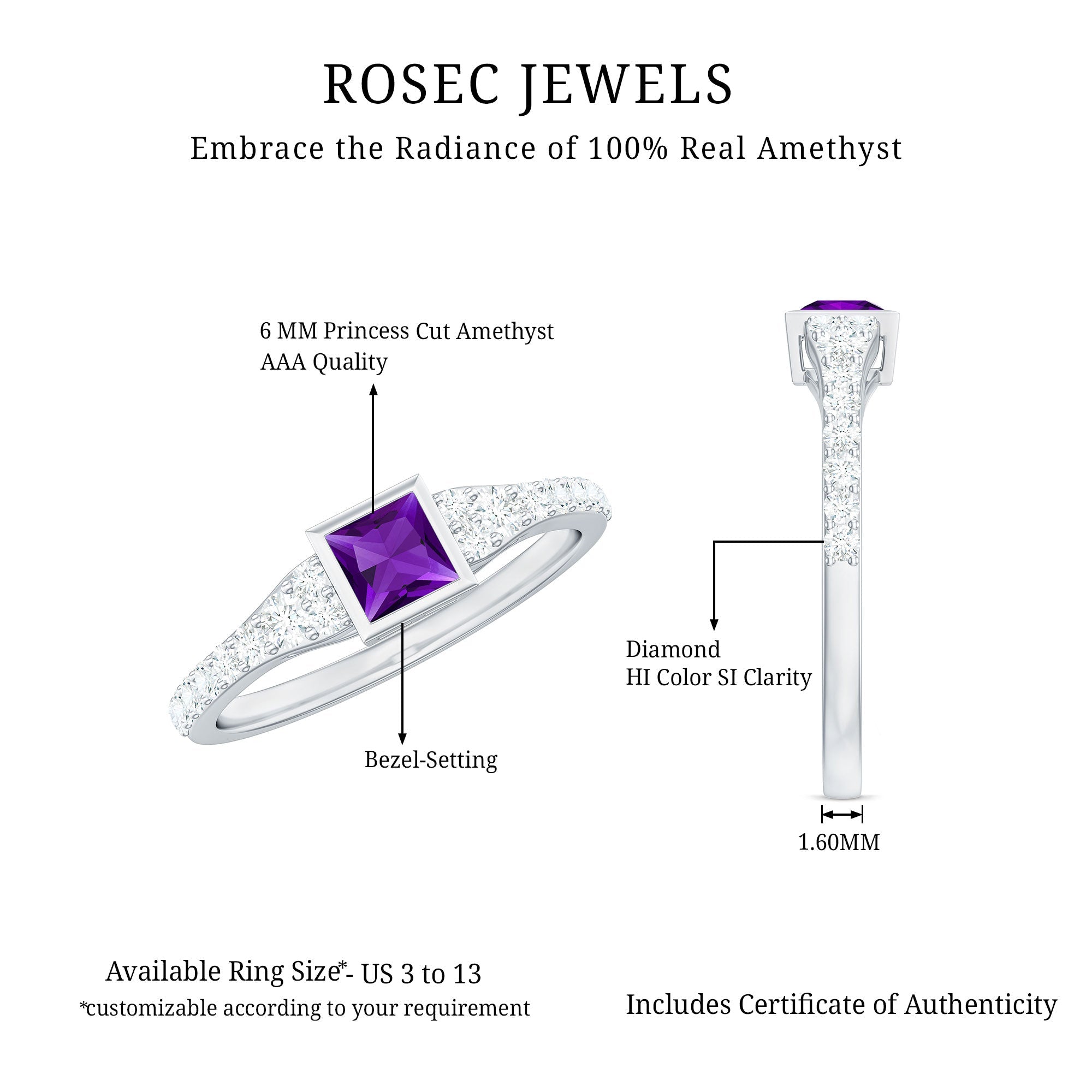 1 Carat Bezel Set Amethyst Solitaire Promise Ring with Diamond