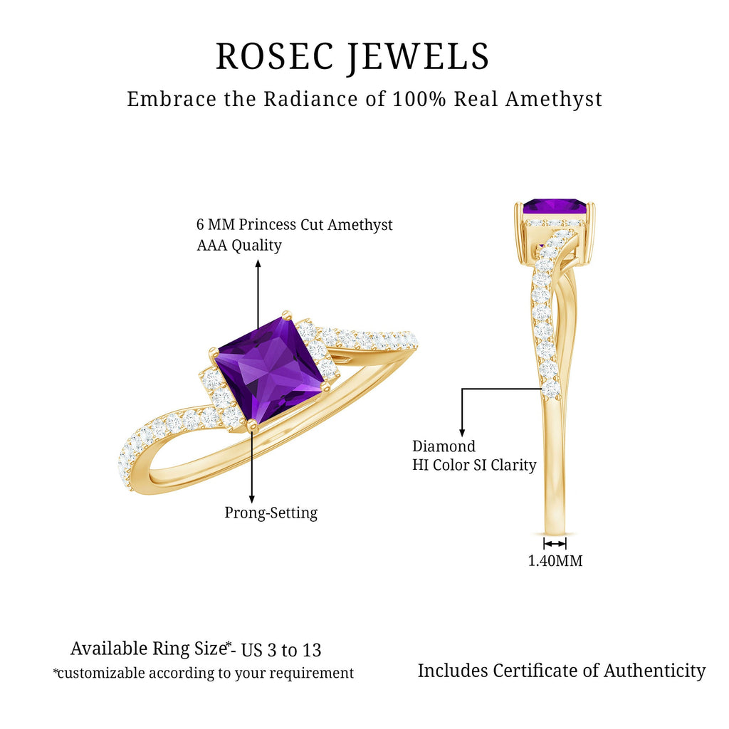 Princess Amethyst and Diamond Bypass Engagement Ring
