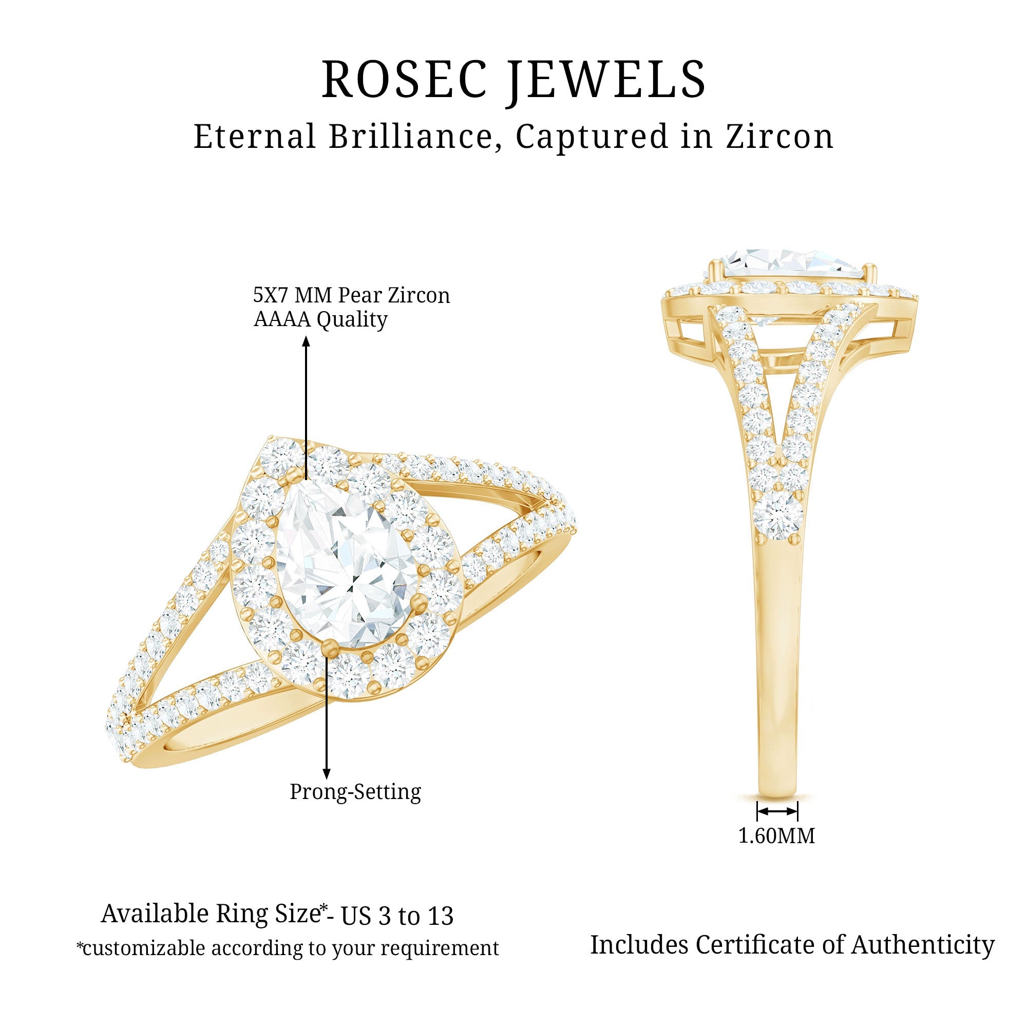 2 CT Split Shank Zircon Teardrop Engagement Ring in Gold
