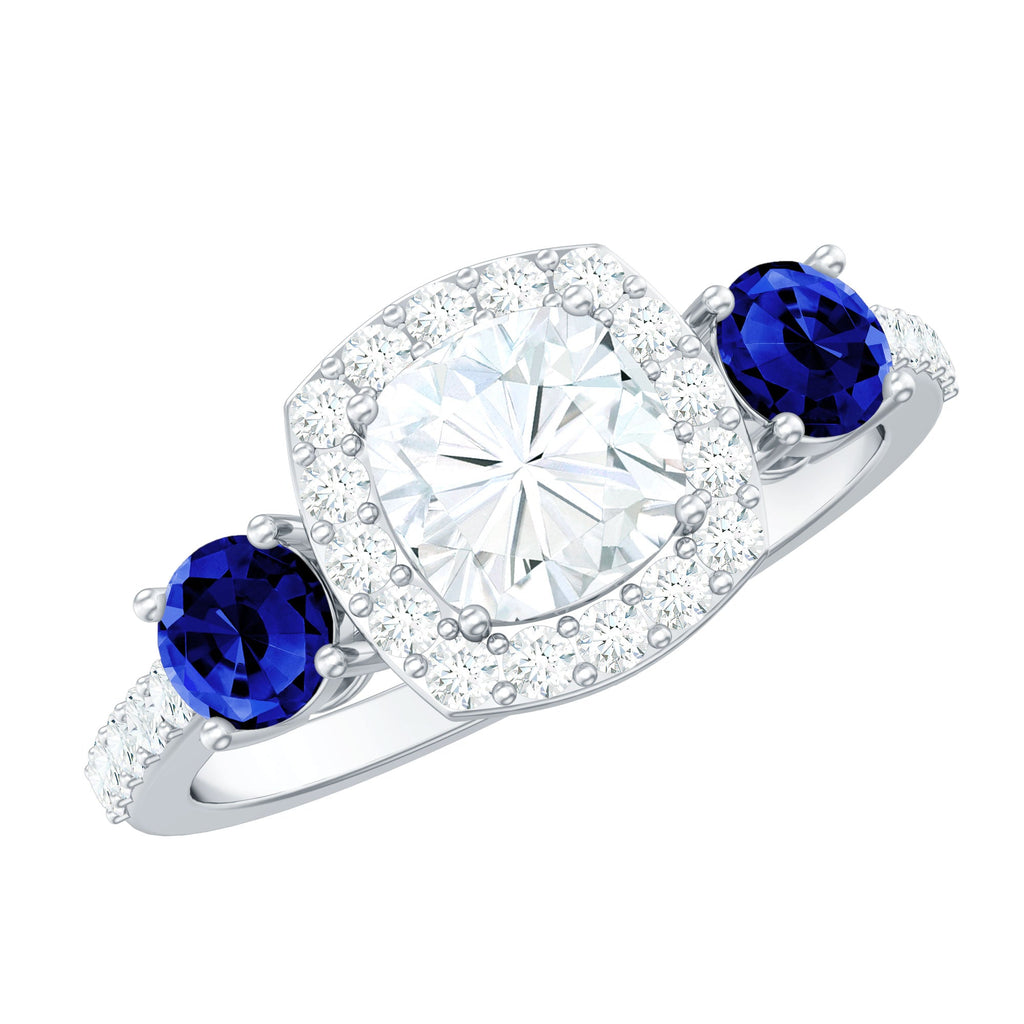 Certified 1.7 Carat Cushion Cut Lab Grown Diamond Engagement Ring with Blue Sapphire