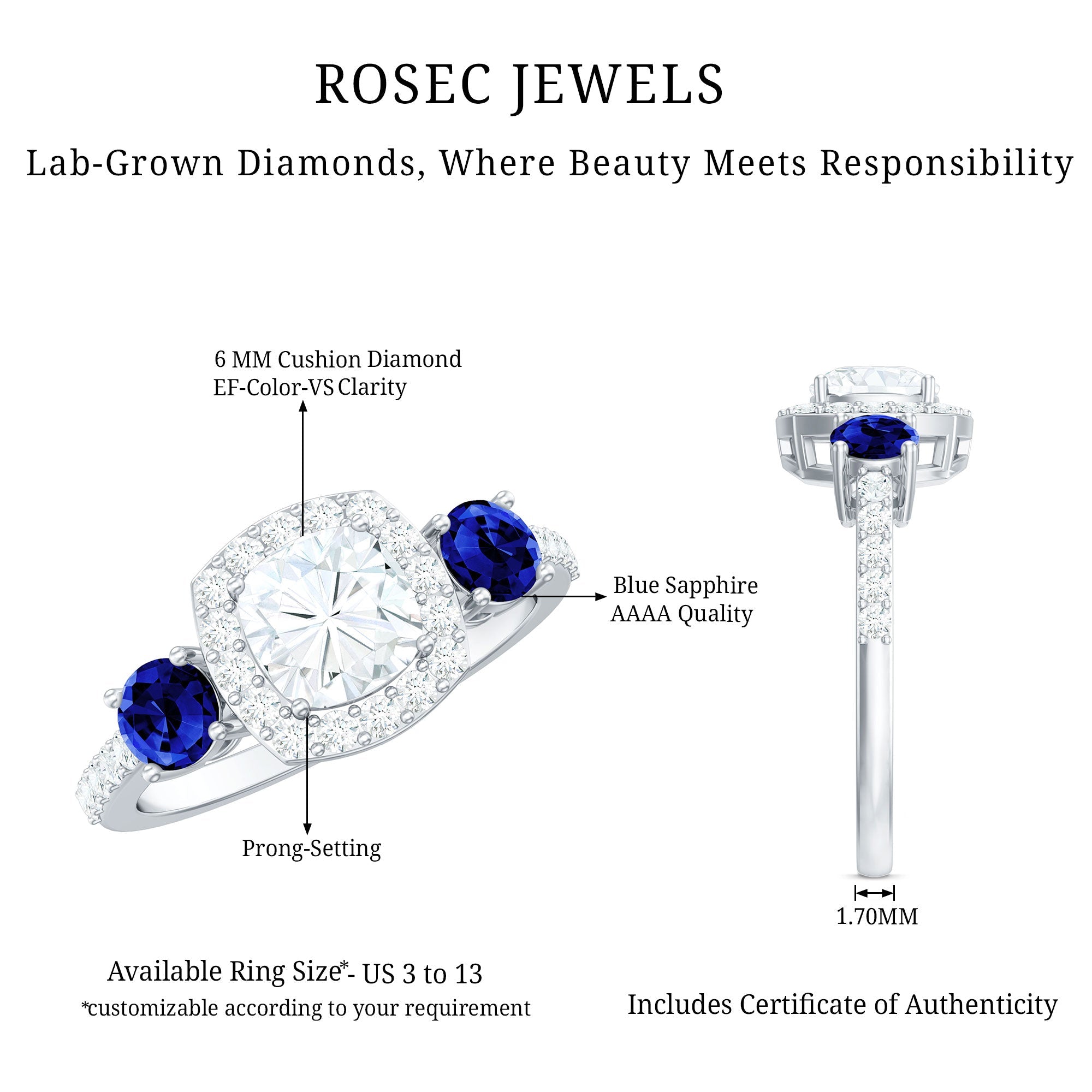 Certified 1.7 Carat Cushion Cut Lab Grown Diamond Engagement Ring with Blue Sapphire