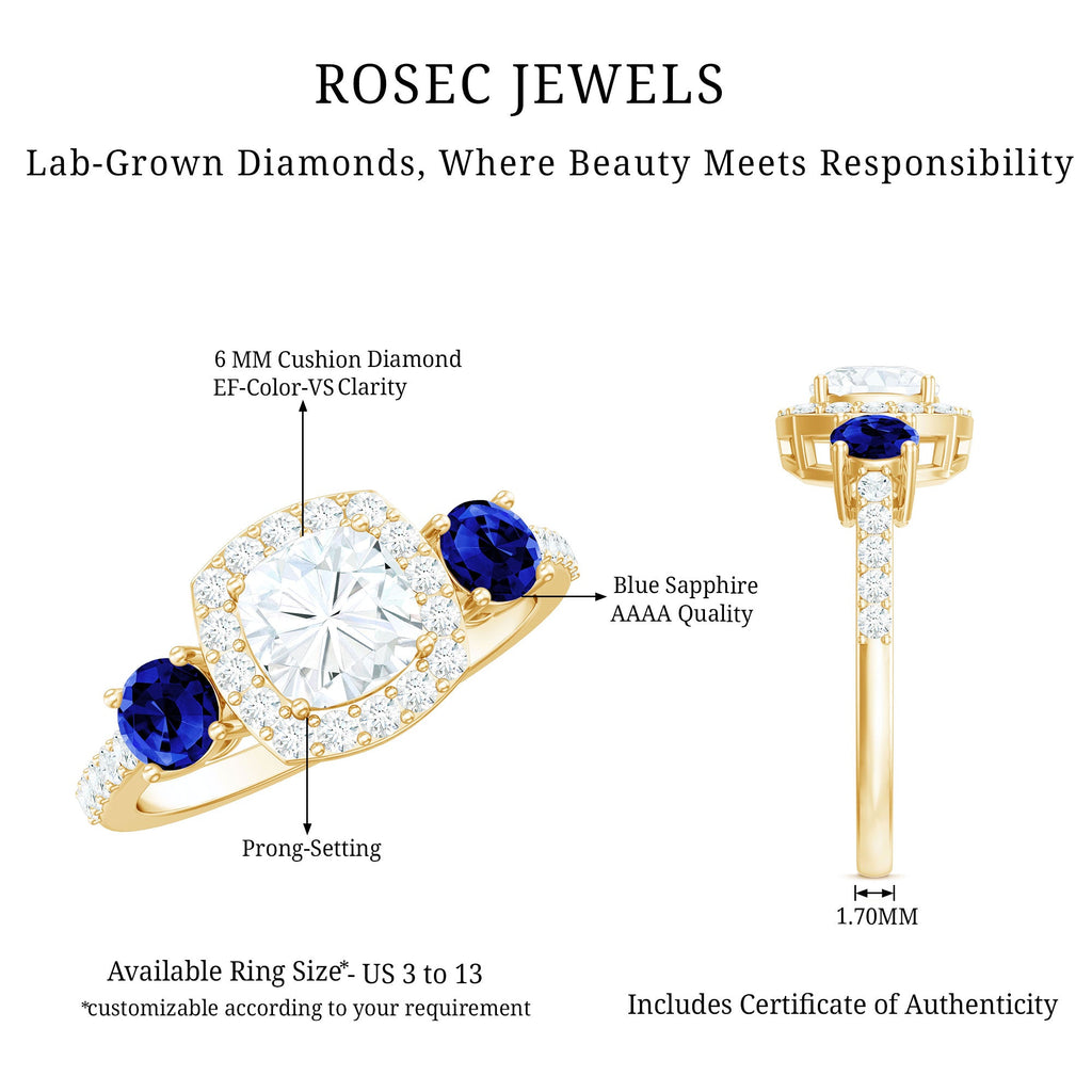 Certified 1.7 Carat Cushion Cut Lab Grown Diamond Engagement Ring with Blue Sapphire