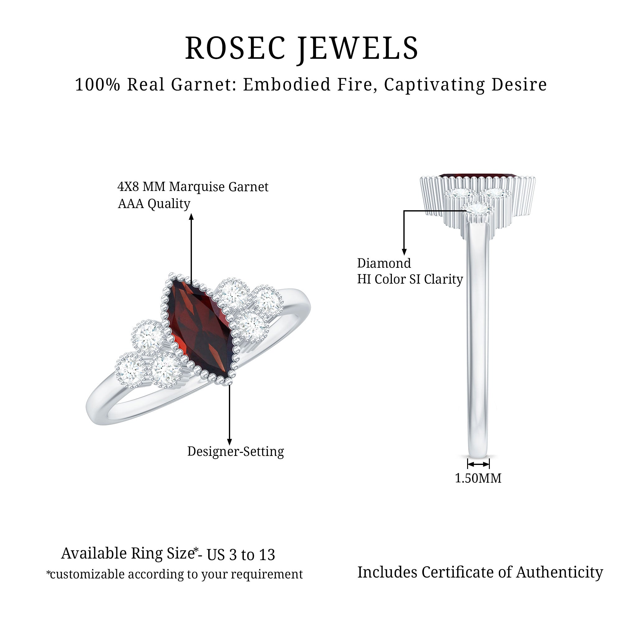 Natural 4X8mm Garnet Marquise Engagement Ring with Diamond