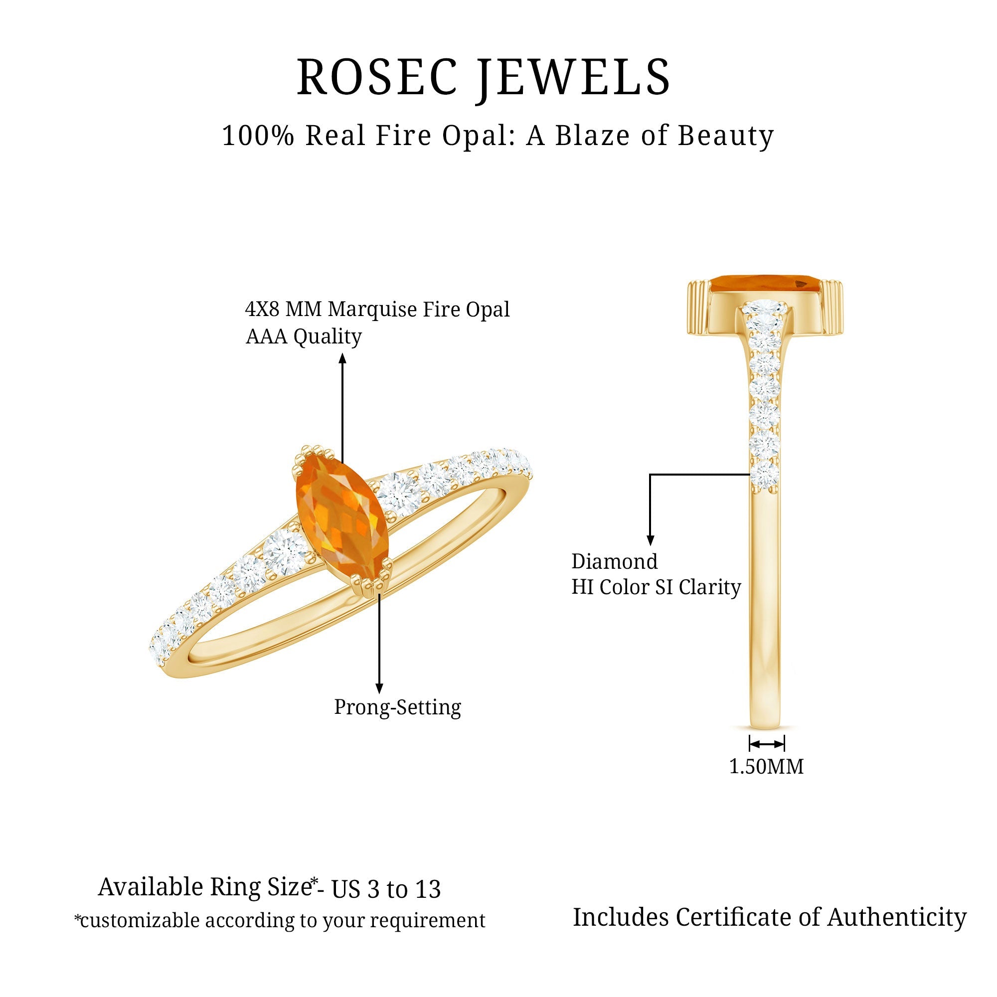 3/4 Carat Marquise Fire Opal Engagement Ring with Diamond