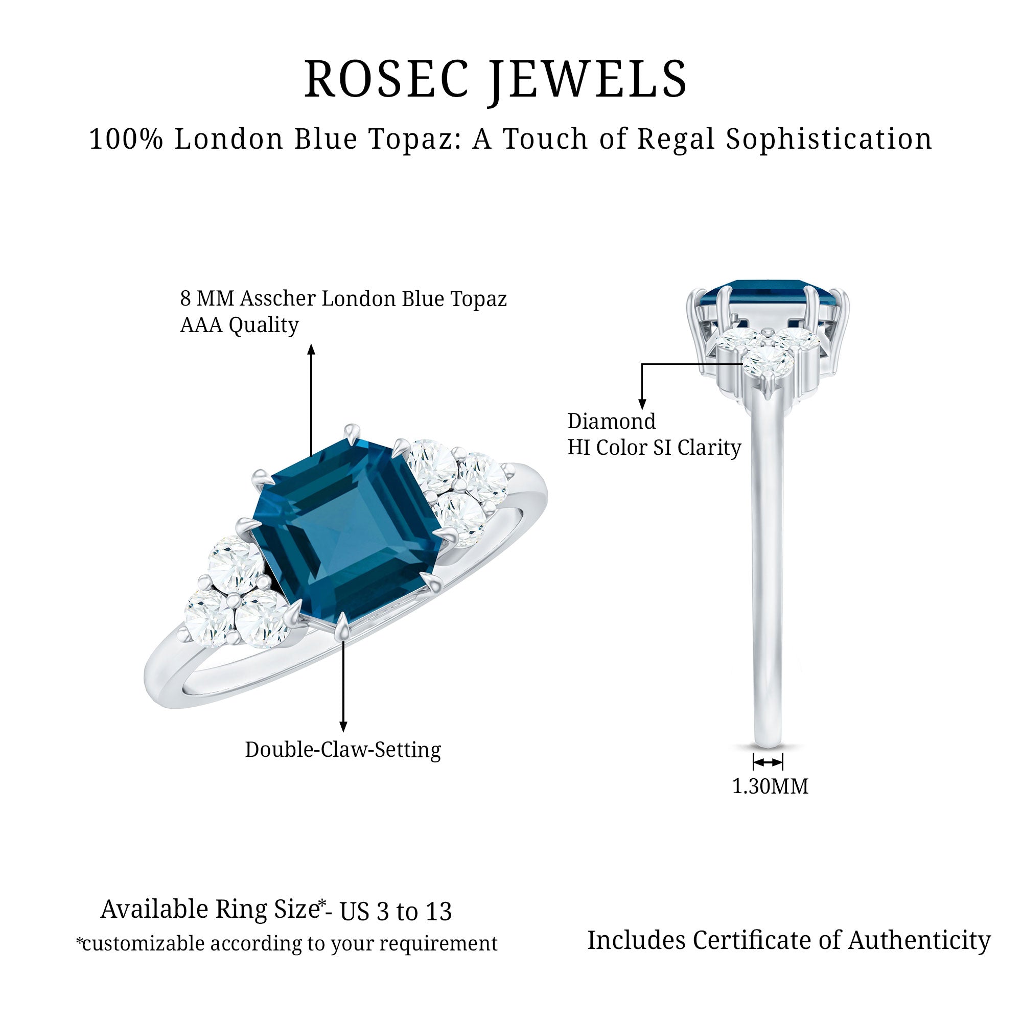 Asscher Cut London Blue Topaz Solitaire Engagement Ring with Diamond Trio