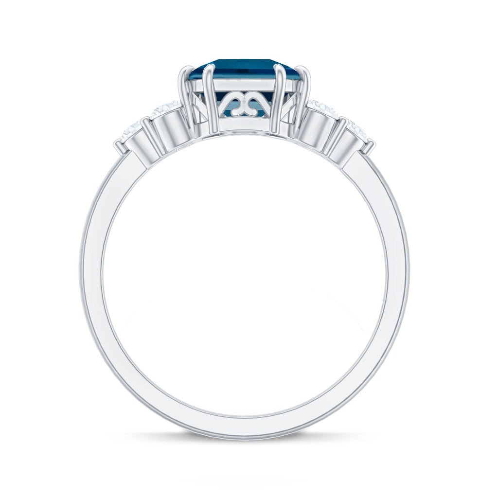 Asscher Cut London Blue Topaz Solitaire Engagement Ring with Diamond Trio